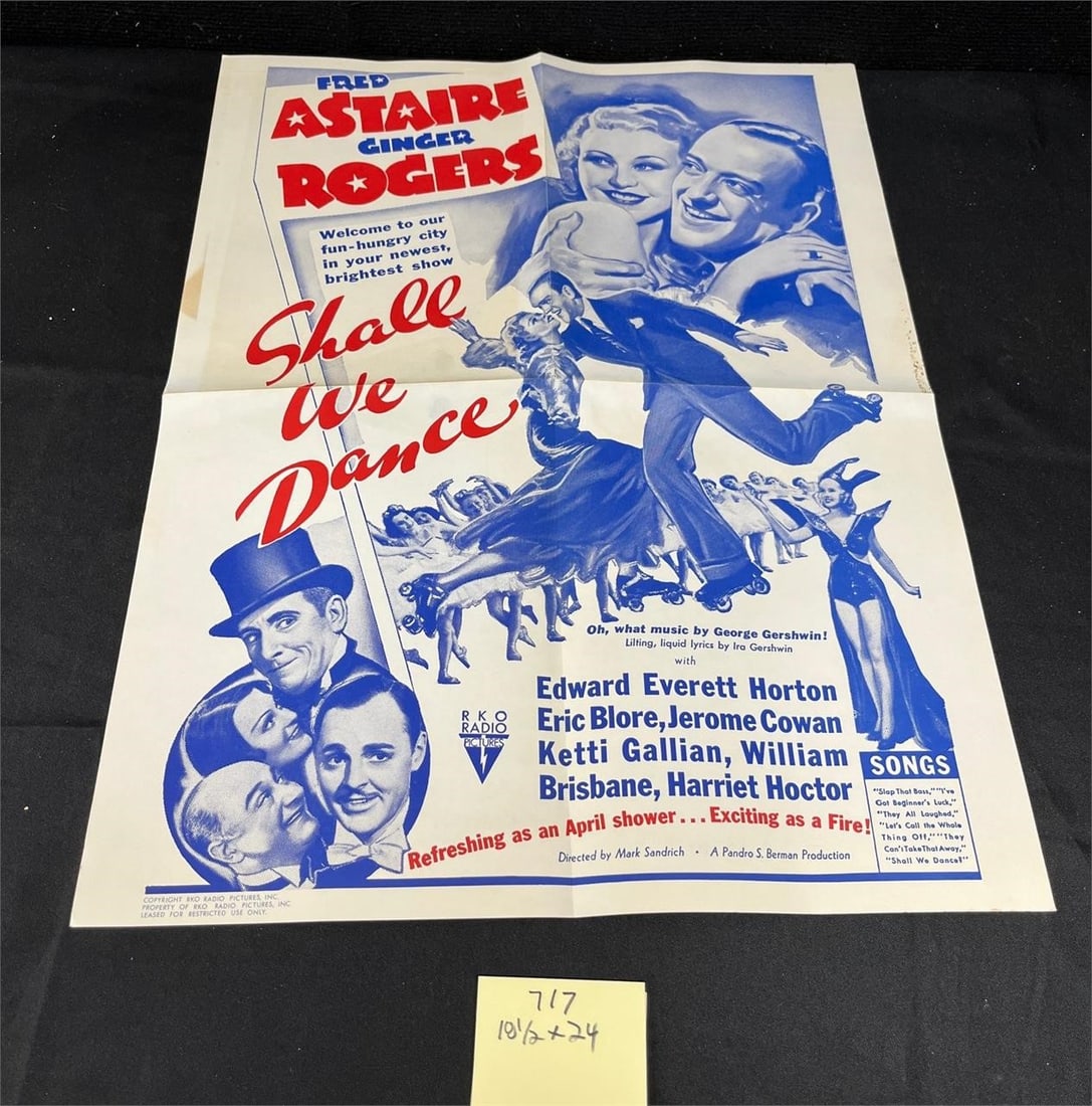 Shall We Dance RKO Pictures Movie Poster: Measures 18.5X24.5 Please look at photos carefully. All sales are final. Items sold as is. We offer virtual and in person previews of any lots up until auction day. By placing a bid you agree to allow