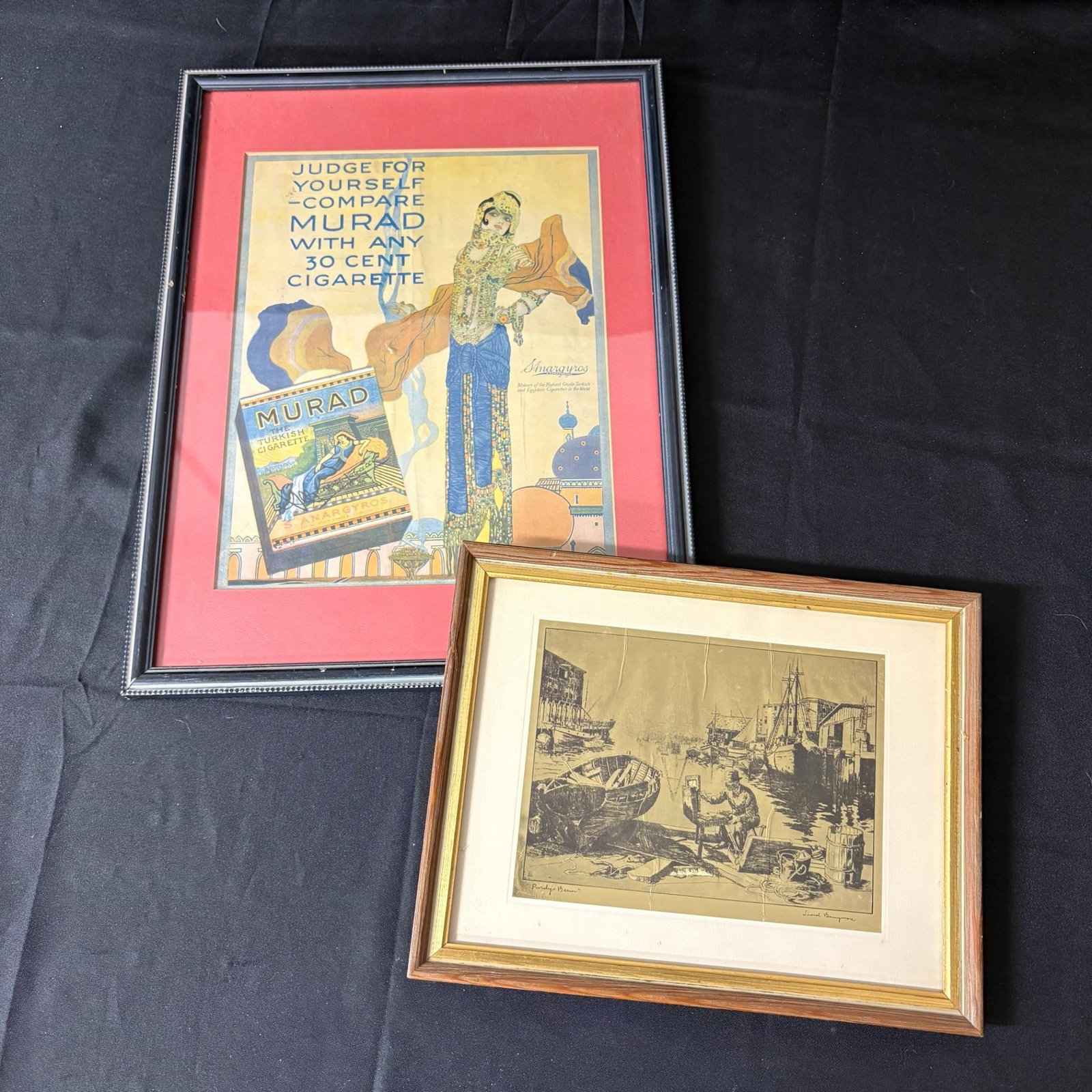 Vintage Cigarette Ad & etched art: Please look at photos carefully. All sales are final. Items sold as is. We offer virtual and in person previews of any lots up until auction day. By placing a bid you agree to allow us to charge the c