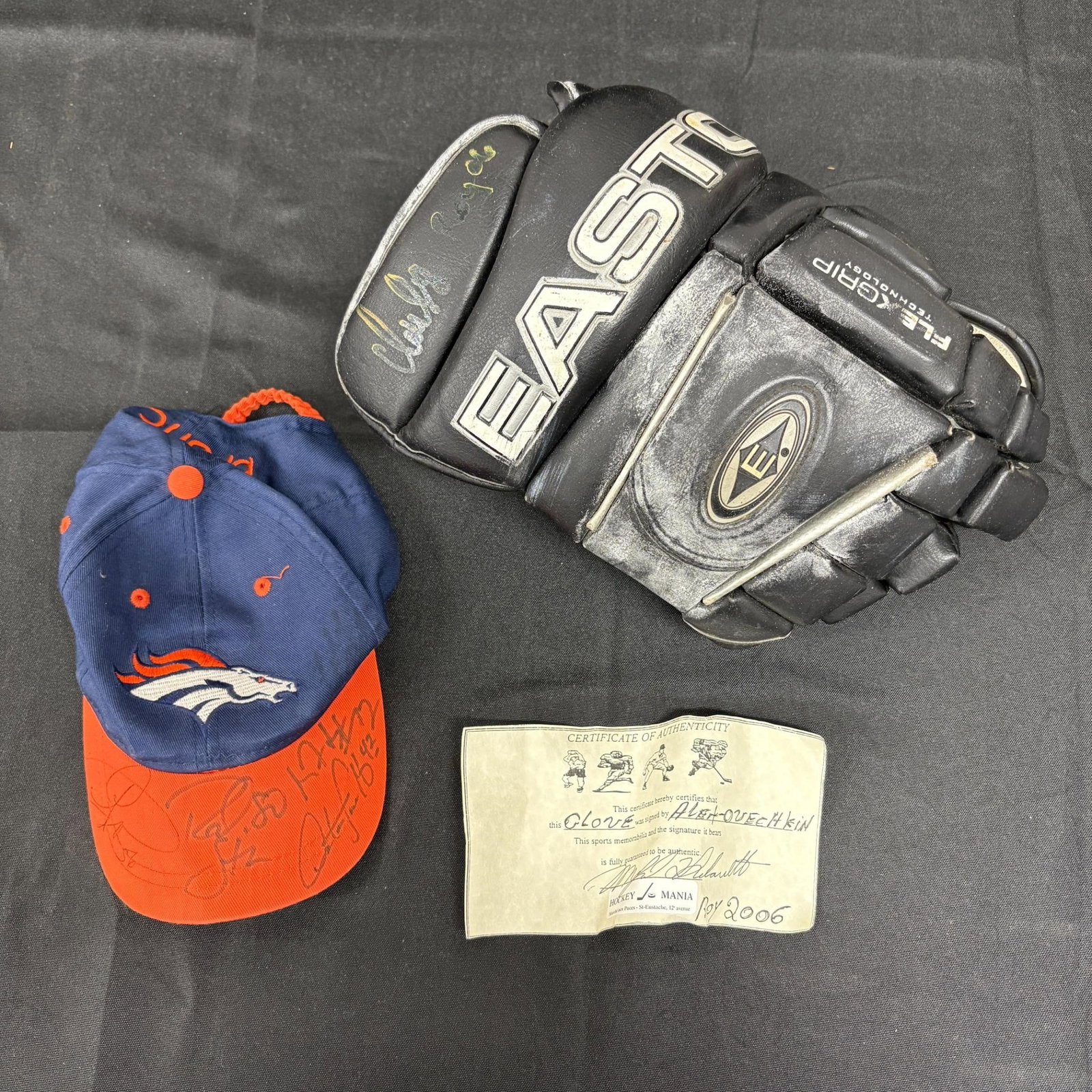 Signed Hockey Glove w/ Alex Ovechkin Signature +: Hockey glove signed by Alex Ovechkin and a Denver Broncos hat signed by numerous football players. Please look at photos carefully. All sales are final. Items sold as is. We offer virtual and in perso