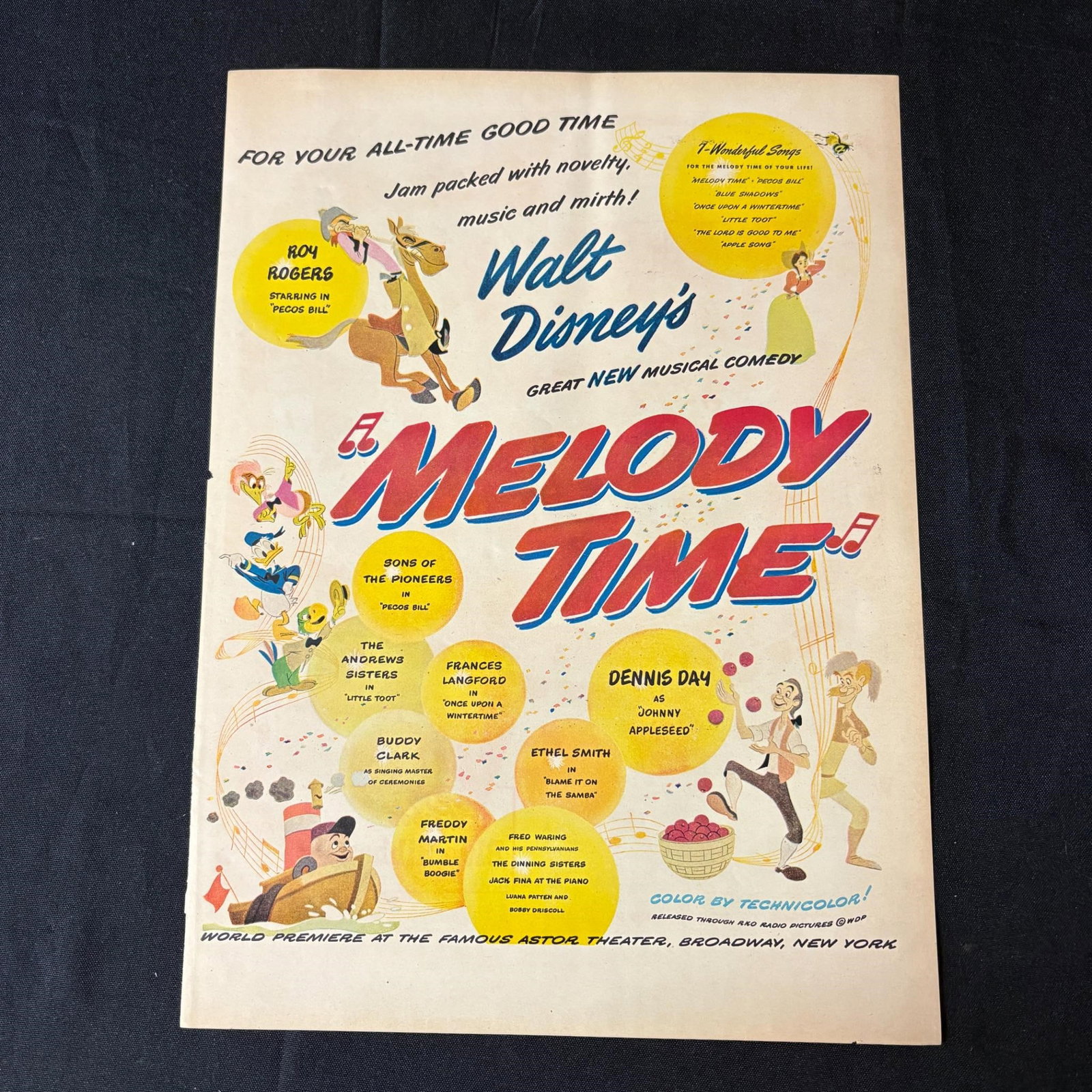 Melody Time, Vintage Disney Advertisement: Please look at photos carefully. All sales are final. Items sold as is. We offer virtual and in person previews of any lots up until auction day. By placing a bid you agree to allow us to charge the c