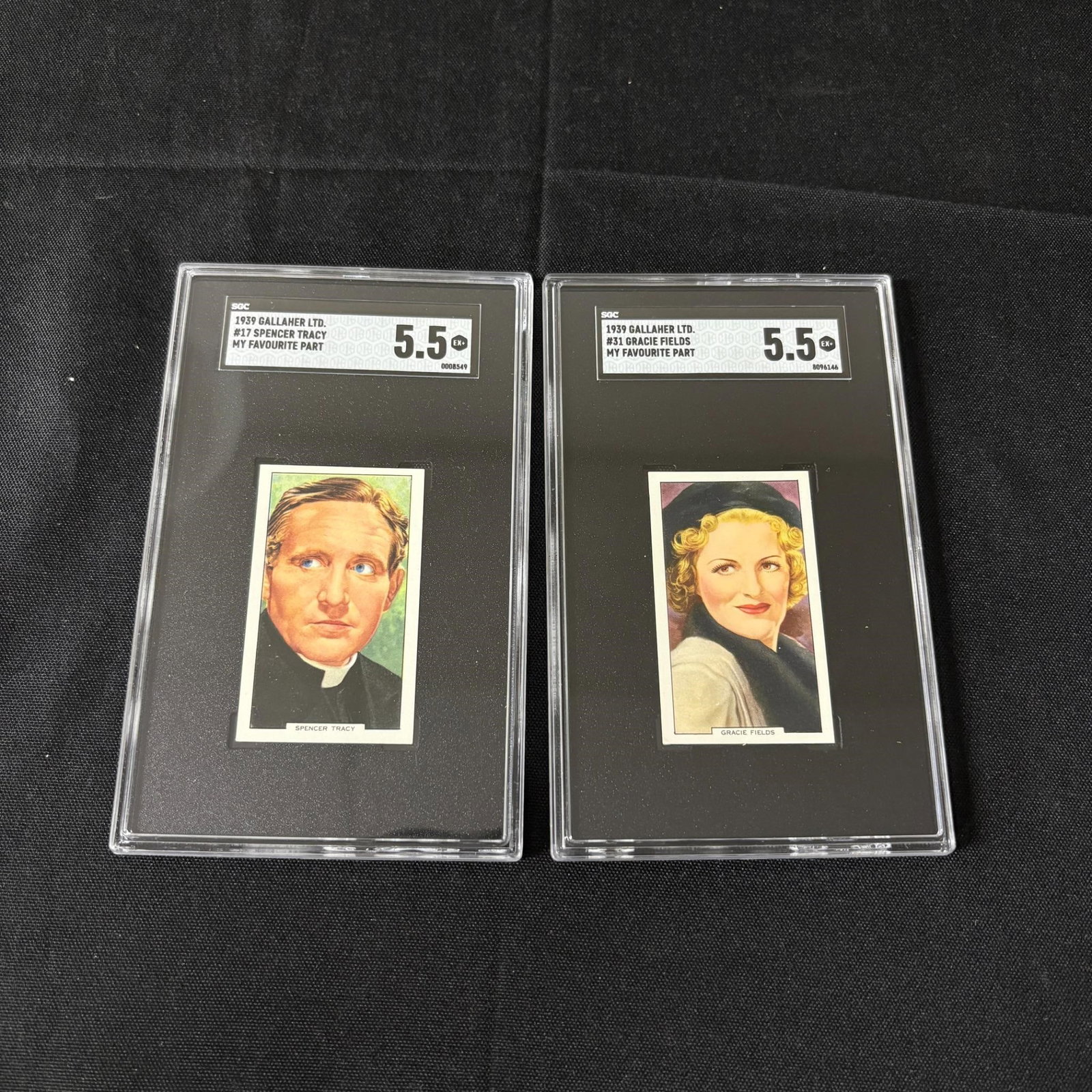 SGC 5.5 My Favorite Part Tobacco Cards 2 PSAs: 1939 Gallaher Tobacco Cards. Spencer Tracy, Gracie Fields. Please look at photos carefully. All sales are final. Items sold as is. We offer virtual and in person previews of any lots up until auction 