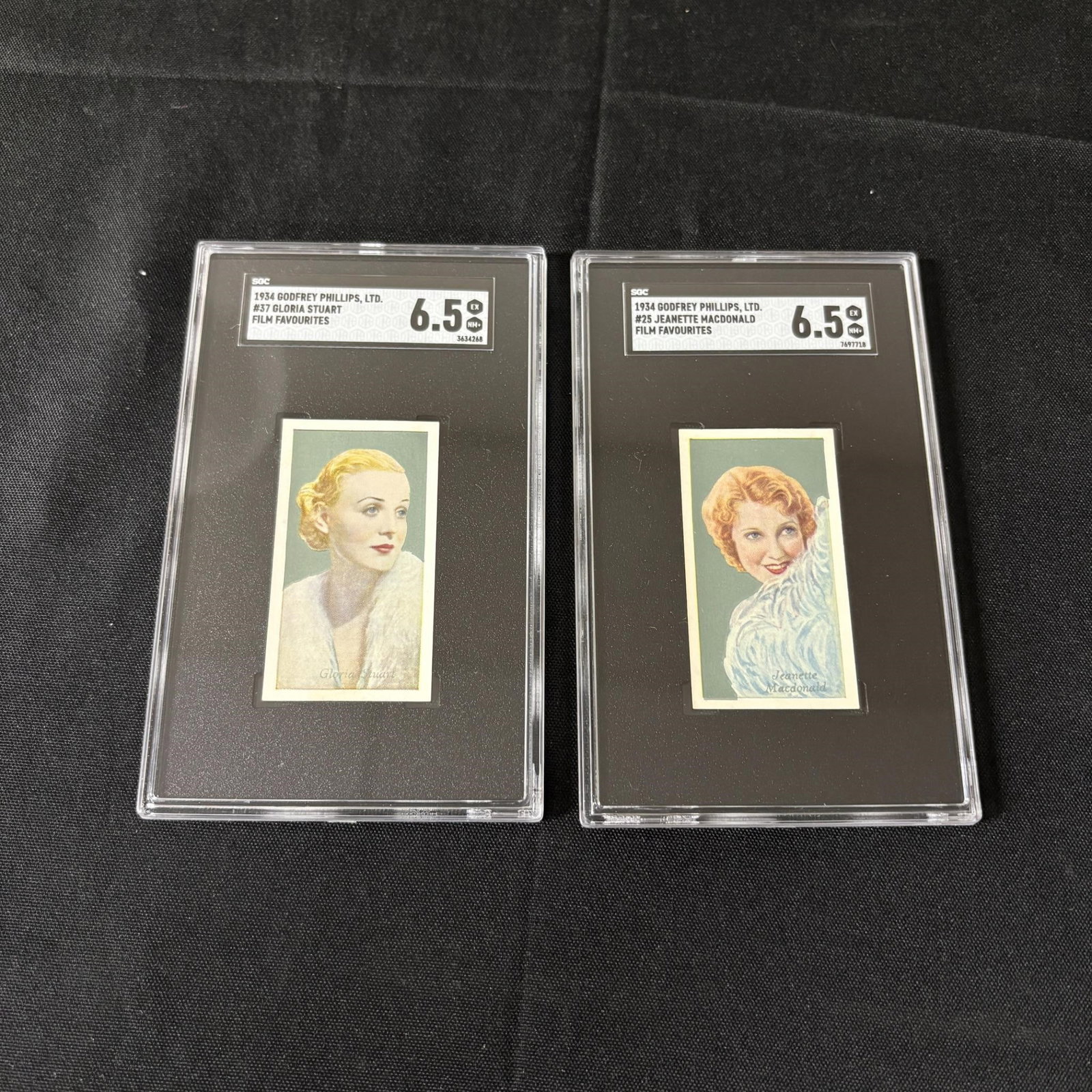 SGC 6.5 Film Favorite Tobacco Cards 2 PSAs: 1934 Godfrey Phillips Tobacco Cards. Gloria Stuart, Jeanette MacDonald. Please look at photos carefully. All sales are final. Items sold as is. We offer virtual and in person previews of any lots up u