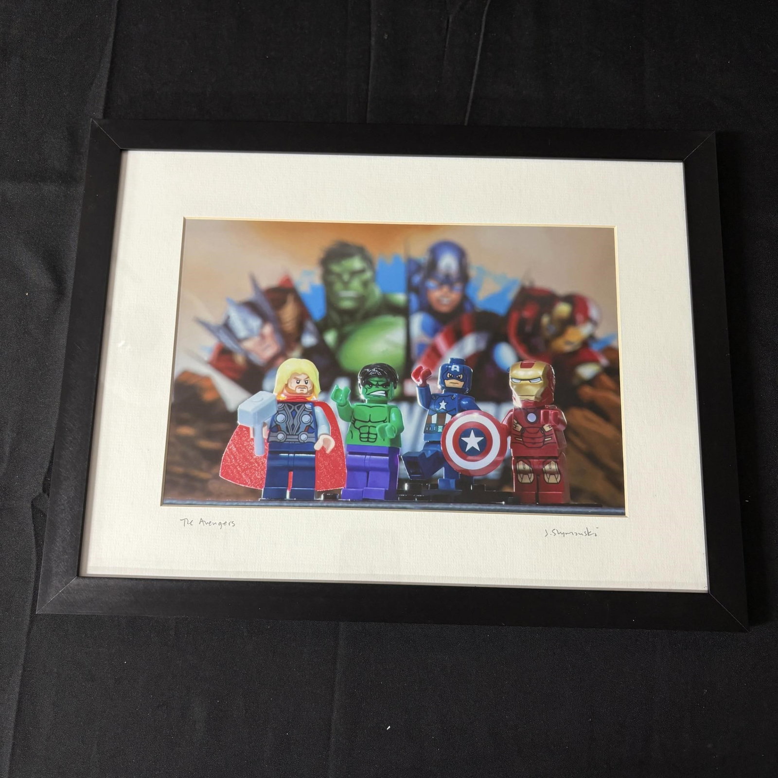 Avengers Lego Portrait, Joe Shymanski Sig: Marvel Avengers Lego Portrait. Photographed and signed by Joe Shymanski. Please look at photos carefully. All sales are final. Items sold as is. We offer virtual and in person previews of any lots up 