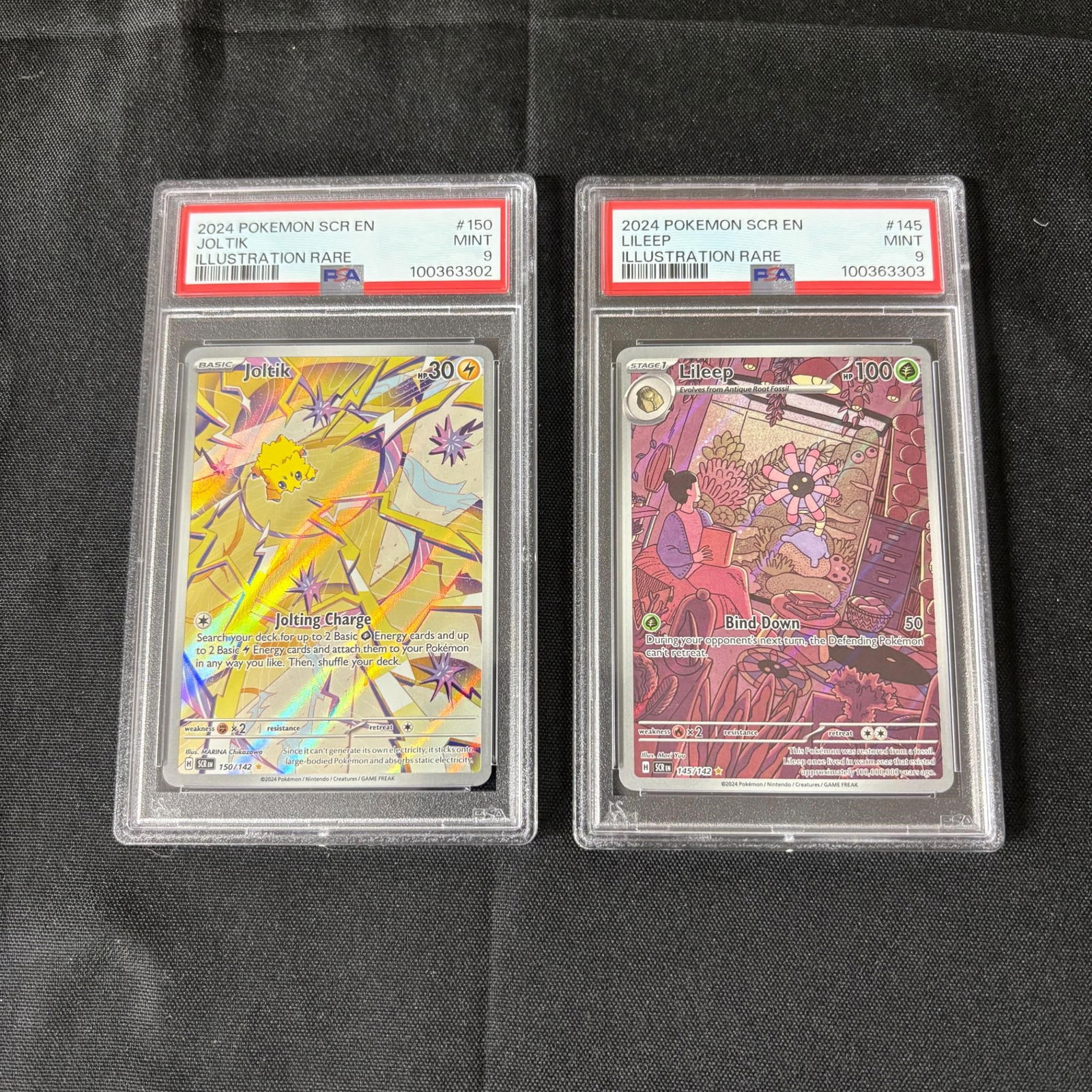 PSA 9 Stellar Crown IR Pokemon Cards: Joltik #150, Lileep #145 Illustration Rare Pokemon Cards. Please look at photos carefully. All sales are final. Items sold as is. We offer virtual and in person previews of any lots up until auction d
