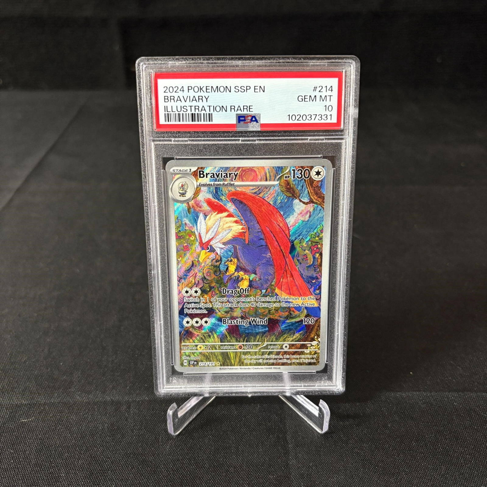 PSA 10 Braviary Illustration Rare Surging Sparks: PSA 10 Braviary #214 Illustration Rare Surging Sparks Illustration Rare Pokemon Card. Please look at photos carefully. All sales are final. Items sold as is. We offer virtual and in person previews of