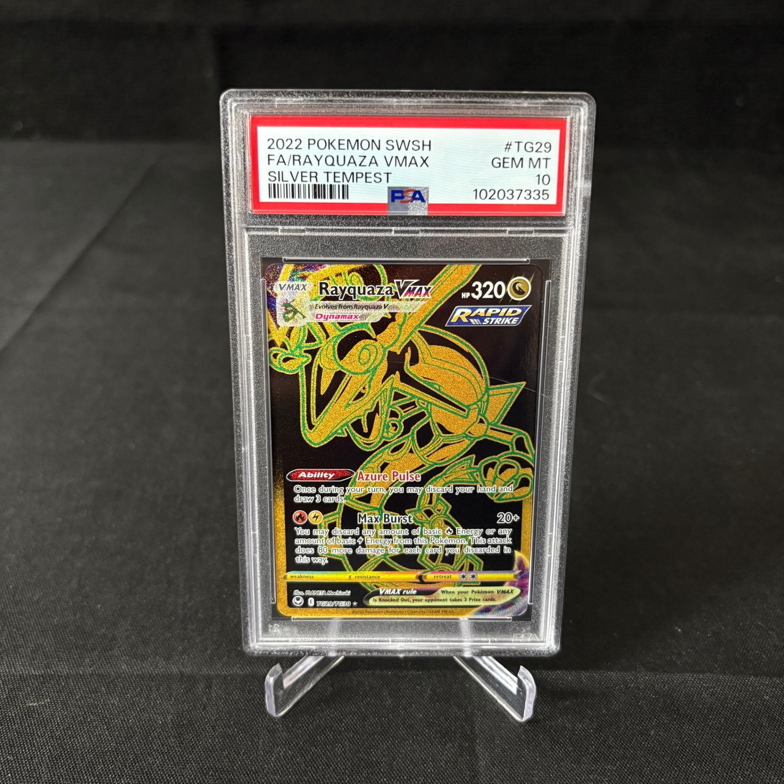 PSA 10 Rayquaza VMAX Gold Trainer Gallery: PSA 10 Rayquaza VMAX #TG29 Silver Tempest Pokemon Card. Please look at photos carefully. All sales are final. Items sold as is. We offer virtual and in person previews of any lots up until auction day