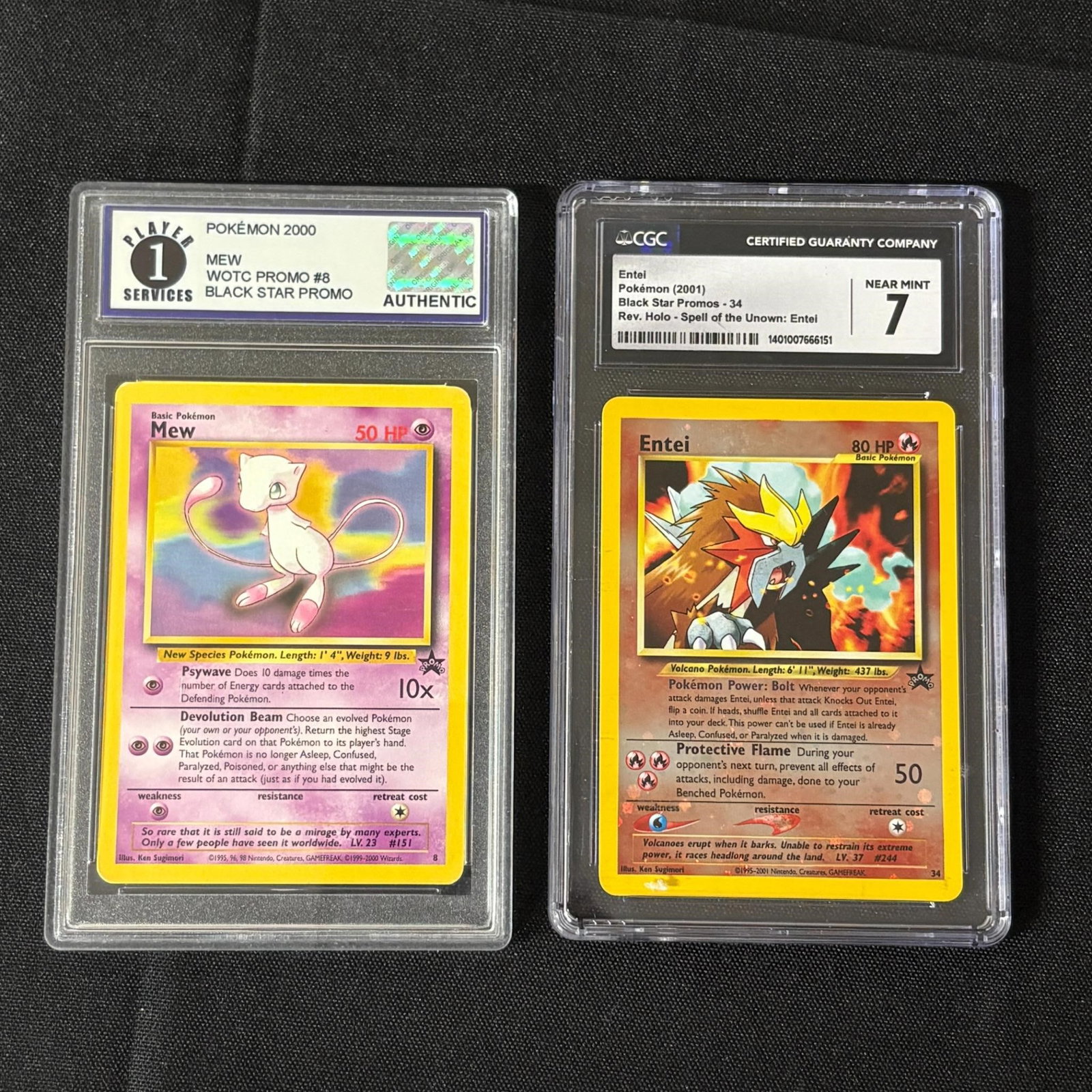 Graded Vintage Promo Pokemon Cards, Enti 2x Swirl: CGC 7 Entei #34 Rev Holo WOTC Promo Double Swirl foil, Mew Promo. Please look at photos carefully. All sales are final. Items sold as is. We offer virtual and in person previews of any lots up until a