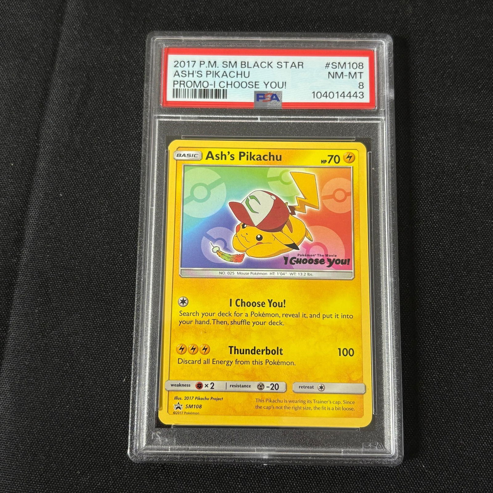 PSA 8 Ash's Pikachu I Choose You Promo: PSA 8 Ash's Pikachu #SM108 I Choose You Promo Pokemon Card. Please look at photos carefully. All sales are final. Items sold as is. We offer virtual and in person previews of any lots up until auction