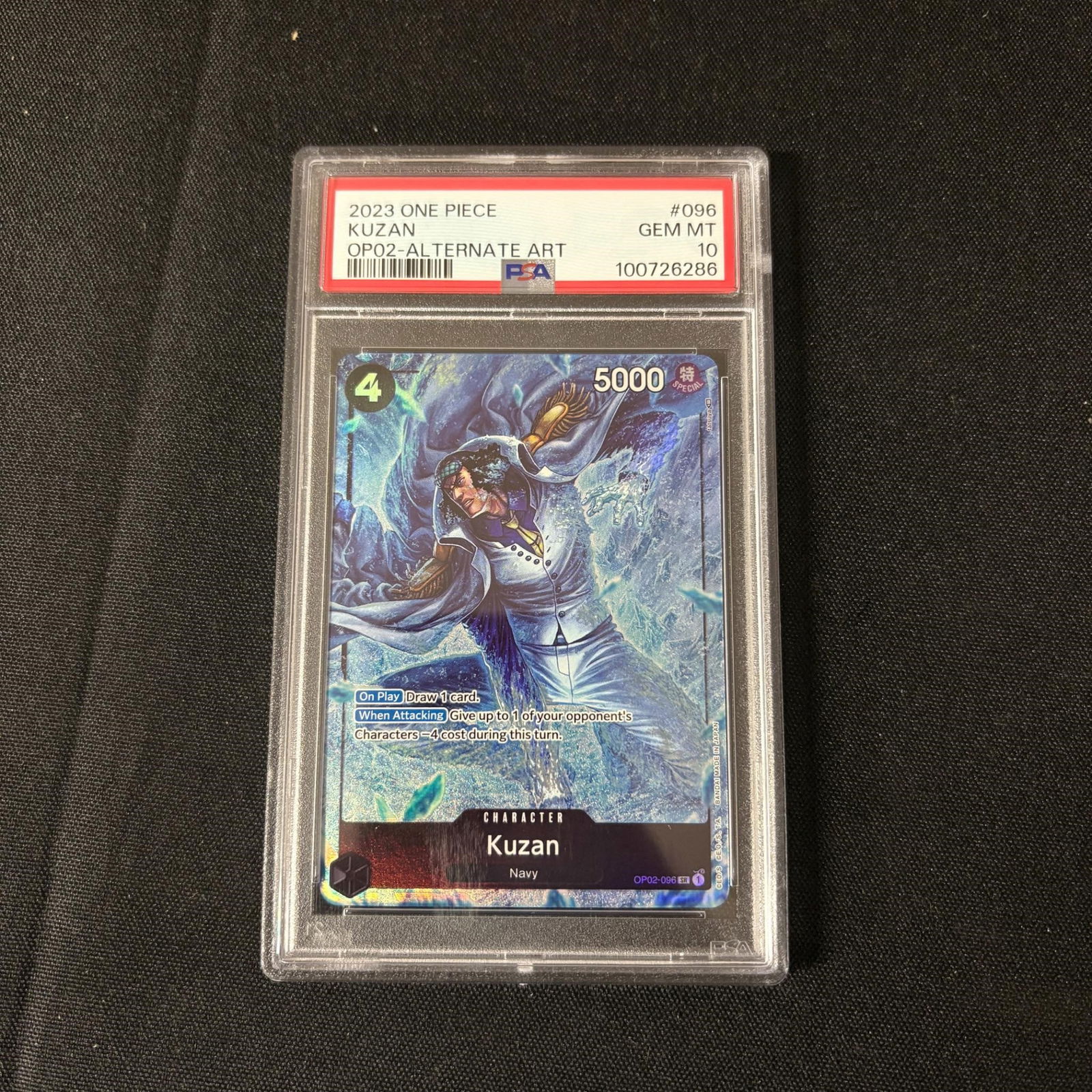 PSA 10 Kuzan OP02 Alt Art: PSA 10 Kuzan #096 OPO2 Alt Art One Piece Trading Card. Please look at photos carefully. All sales are final. Items sold as is. We offer virtual and in person previews of any lots up until auction day.