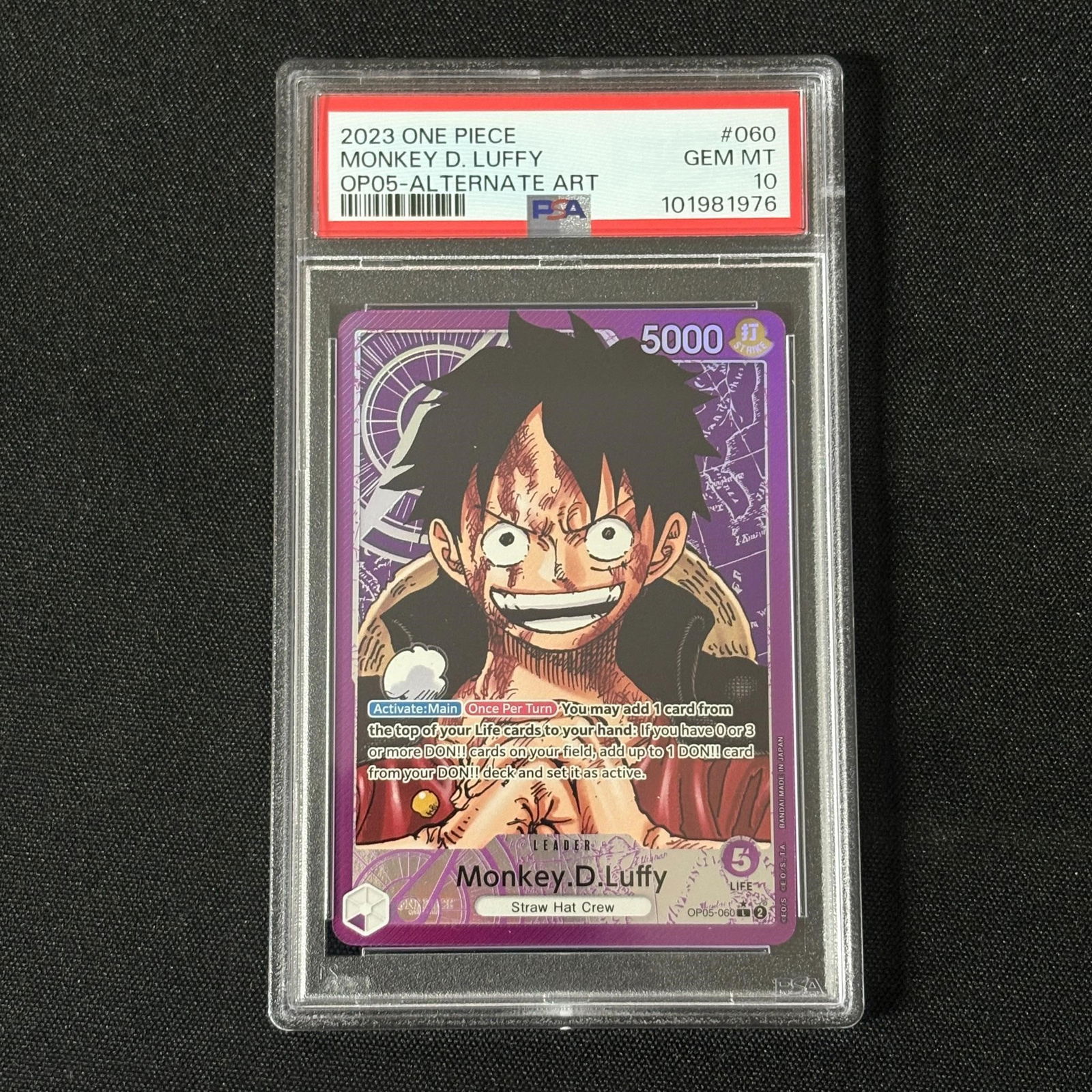PSA 10 Monkey D. Luffy OP05 Alt Art: PSA 10 Monkey D. Luffy #060 OP05 Alternate Art One Piece Trading Card. Please look at photos carefully. All sales are final. Items sold as is. We offer virtual and in person previews of any lots up un