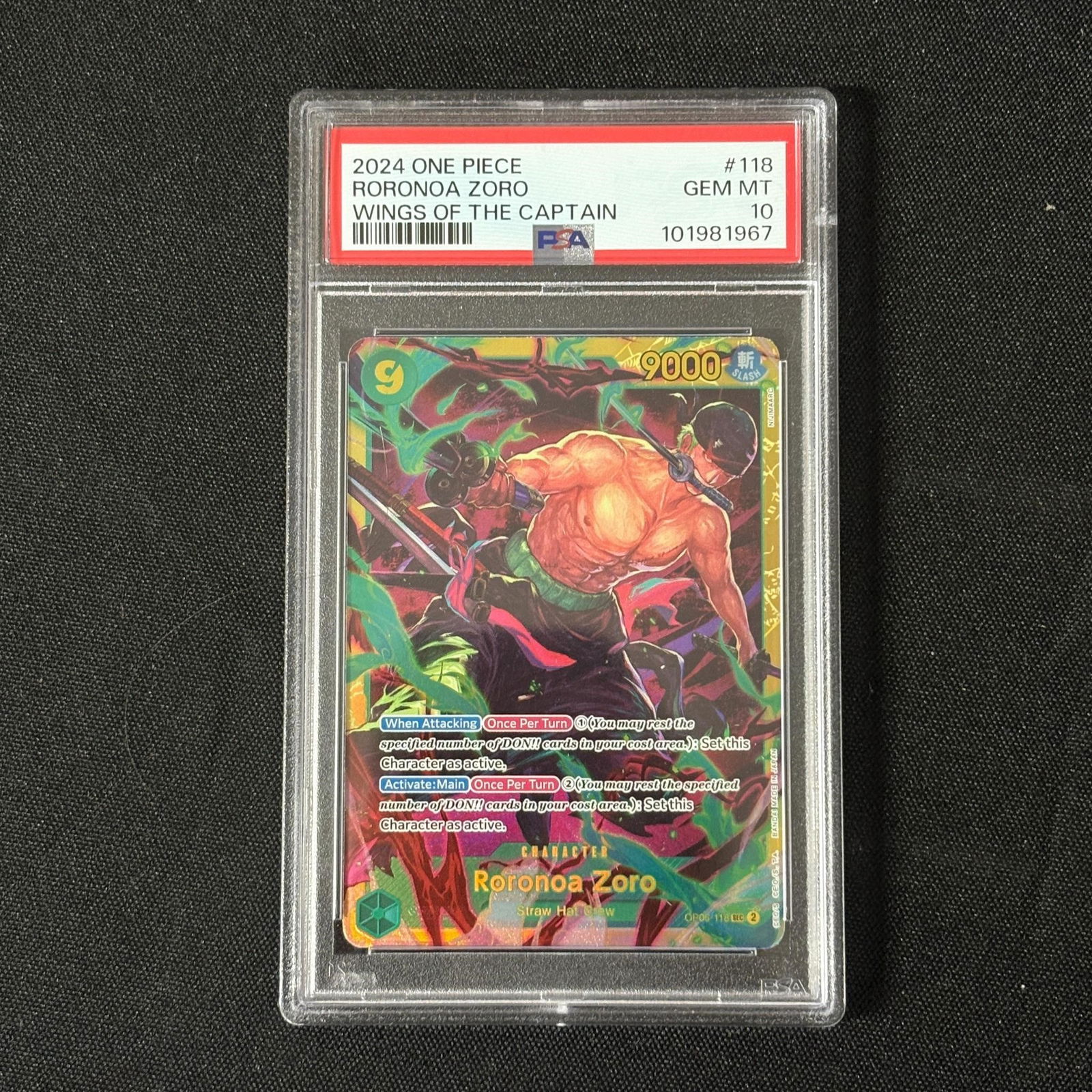 PSA 10 Roronoa Zoro One Piece: PSA 10 Roronoa Zoro #118 Wings of the Captain OP06 One Piece Trading Card. Please look at photos carefully. All sales are final. Items sold as is. We offer virtual and in person previews of any lots u