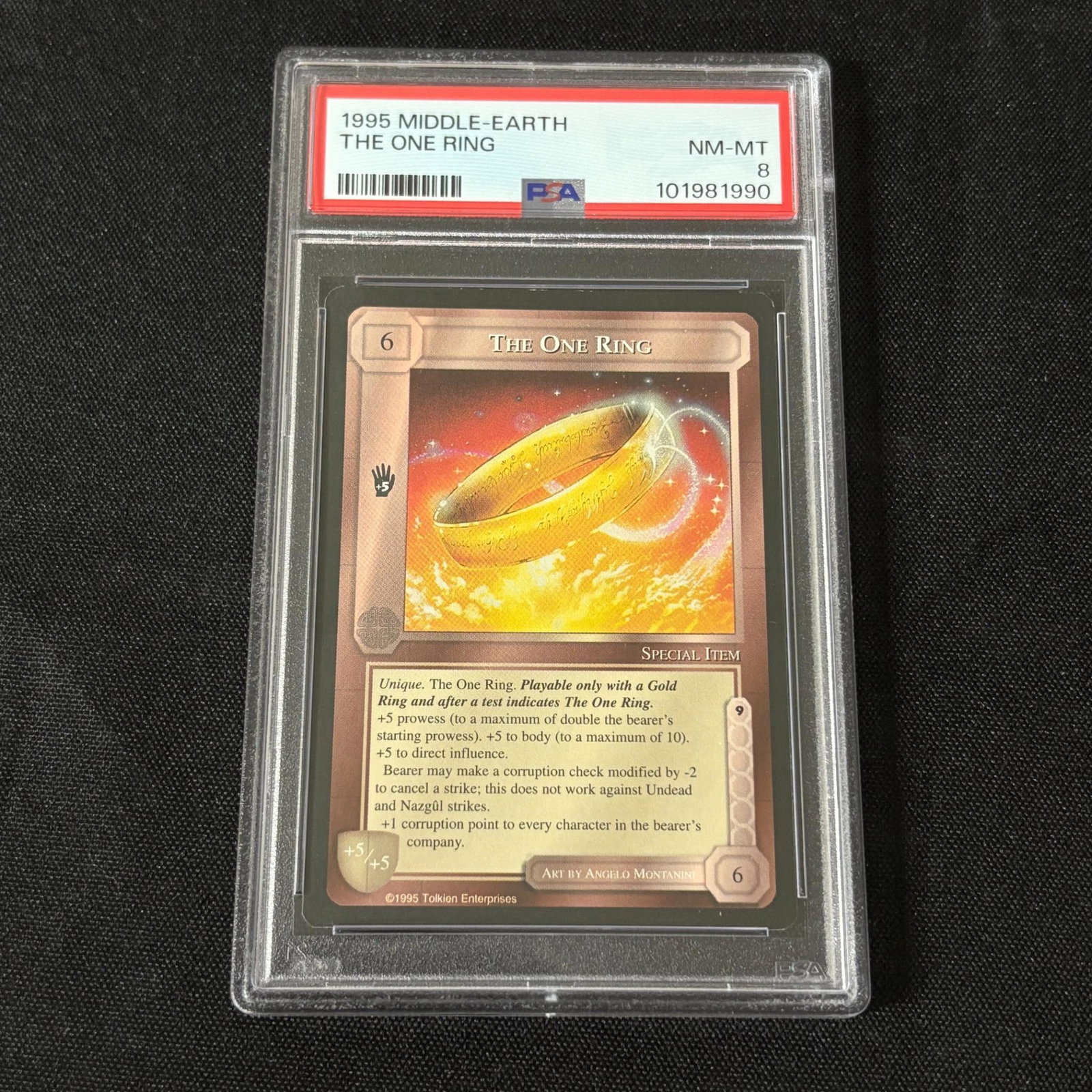 PSA 8 The One Ring LOTR Middle Earth Card: PSA 8 The One Ring 1995 Middle Earth Lord of the Rings Trading Card. Please look at photos carefully. All sales are final. Items sold as is. We offer virtual and in person previews of any lots up unti