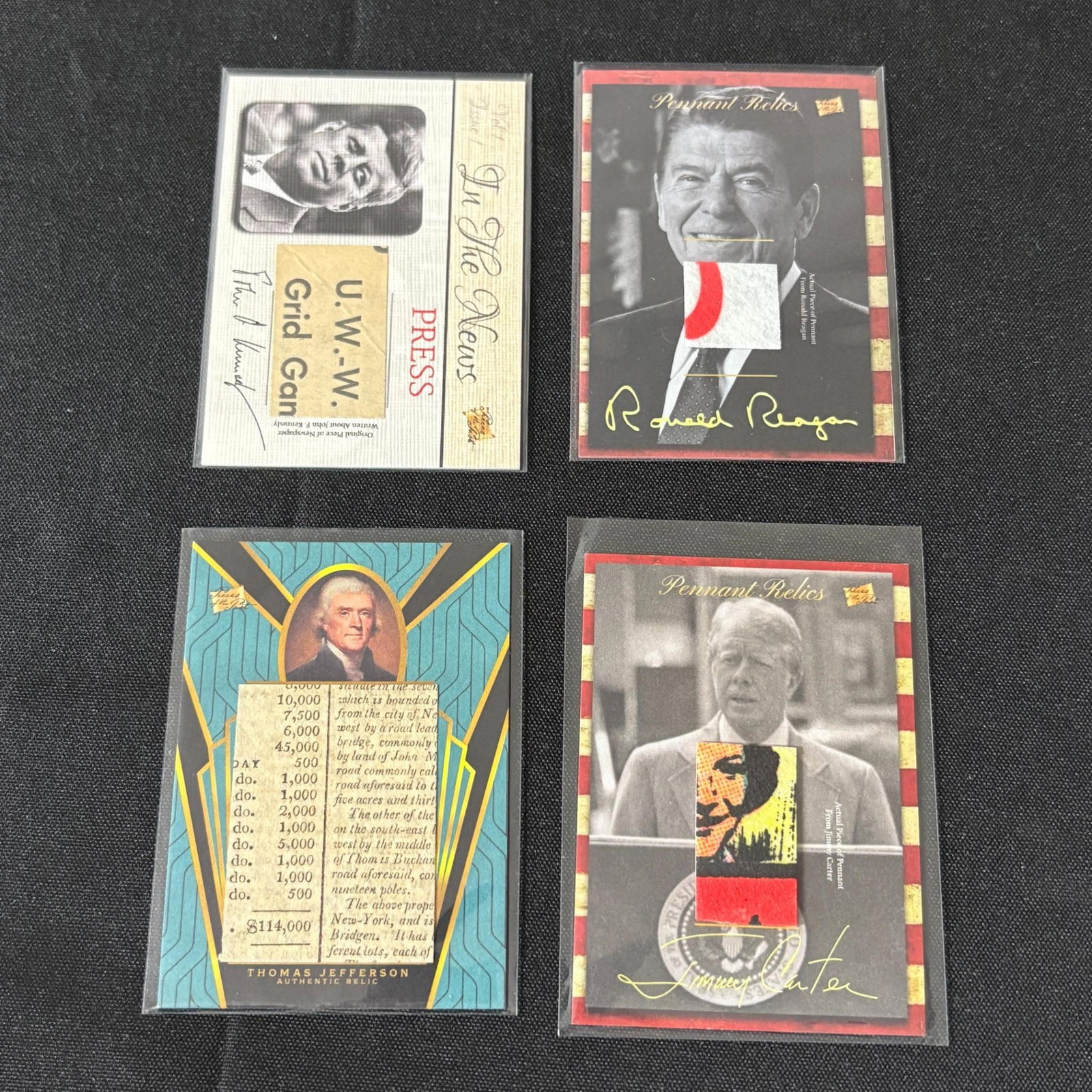 President Relic Cards, Kennedy, Regan, Jefferson +: Lot of President Relic Cards. Pieces of the past. Please look at photos carefully. All sales are final. Items sold as is. We offer virtual and in person previews of any lots up until auction day. By p