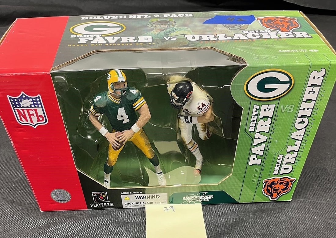 McFarlane Brett Favre & Brian Urlacher figures D- Donâ€™t miss out on the chance to own this: The statues come in their original package. All items are sold as is. Please look at pictures carefully to determine what you believe are the condition of each lot. By choosing which card to use to re