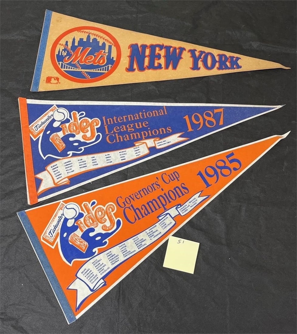 New York Mets & Tidewater Tides Vintage Pennants: All items are sold as is. Please look at pictures carefully to determine what you believe are the condition of each lot. By choosing which card to use to register to bid, you authorize us to use the c