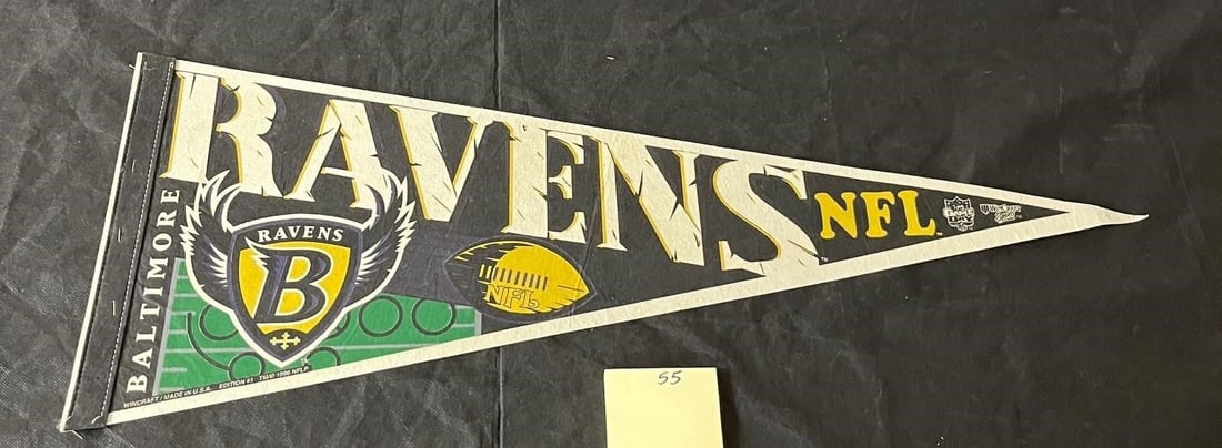 Ravens pennant with 1st year logo All items are sold as is: Please look at pictures carefully to determine what you believe are the condition of each lot. By choosing which card to use to register to bid, you authorize us to use the card on file with the aucti