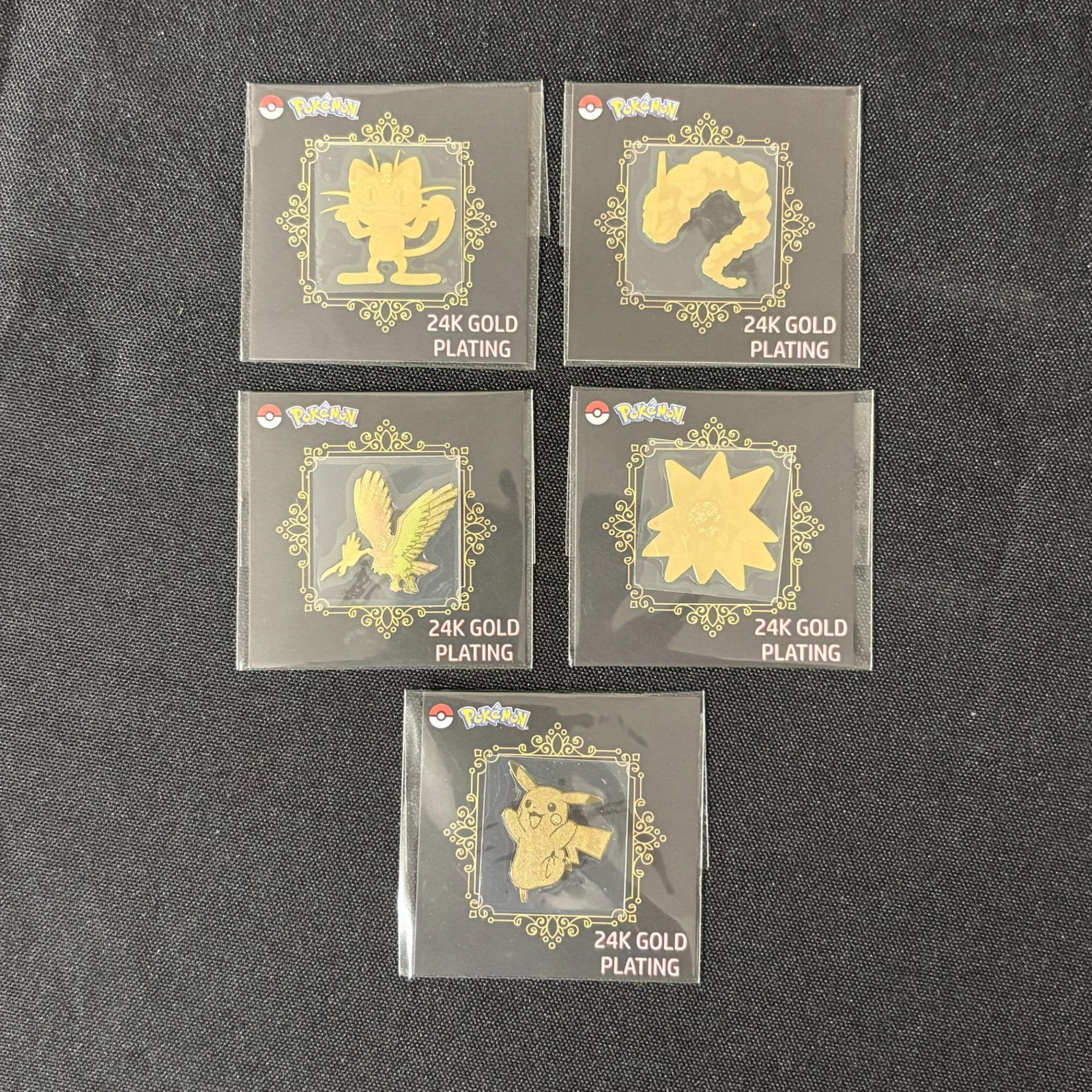24k Gold Plated Pokemon Stickers, Pikachu: Korean Exclusive 24k Gold Plated Pokemon Stickers. Includes Pikachu, Fearrow, Mewoth, Onix, Starmie. All items are sold as is. Please look at pictures carefully to determine what you believe are the c