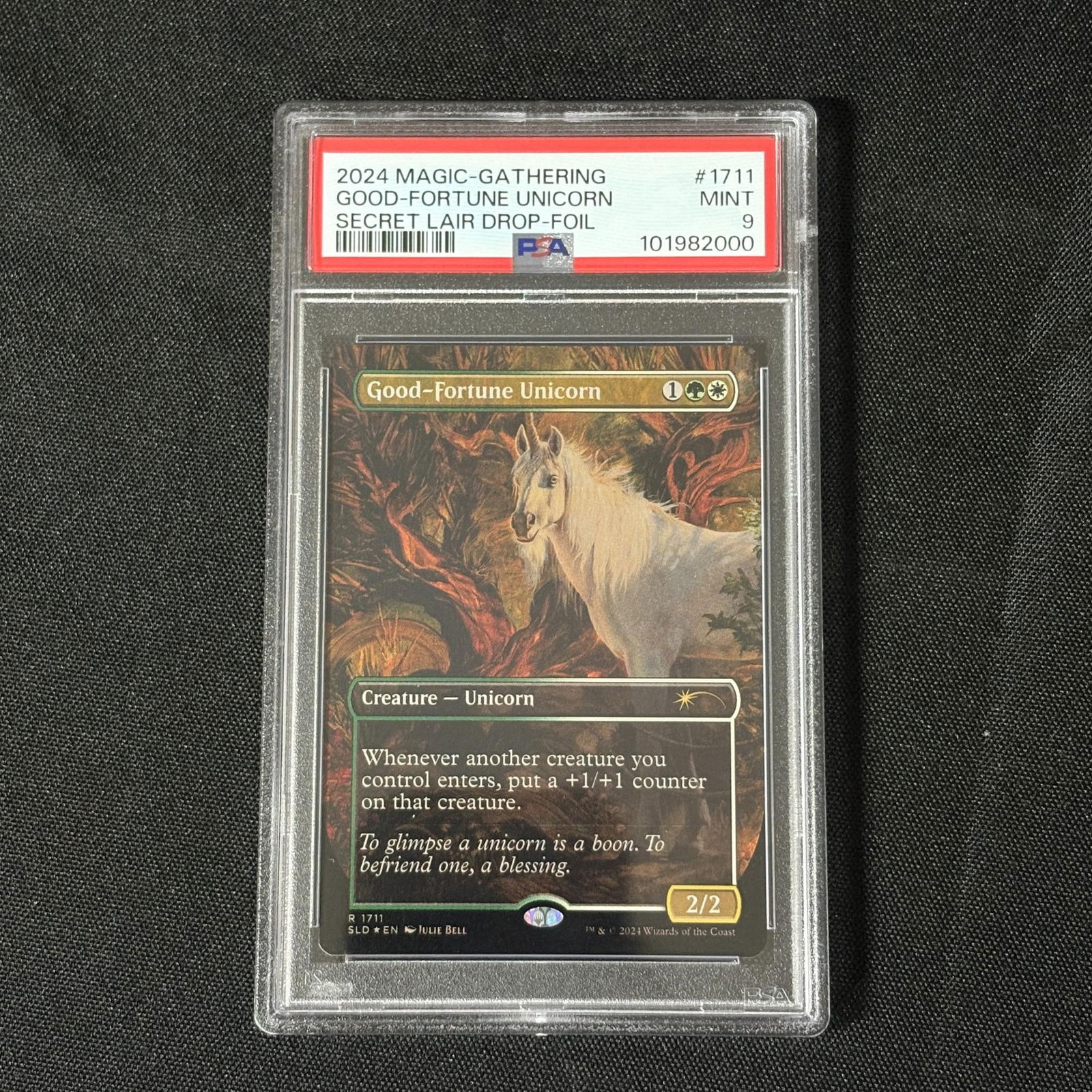 PSA 9 Good Fortune Unicorn MTG SLD Foil: PSA 9 Good-Fortune Unicorn #1711 Magic the Gathering Secret Lair Drop Foil Card. All items are sold as is. Please look at pictures carefully to determine what you believe are the condition of each lot