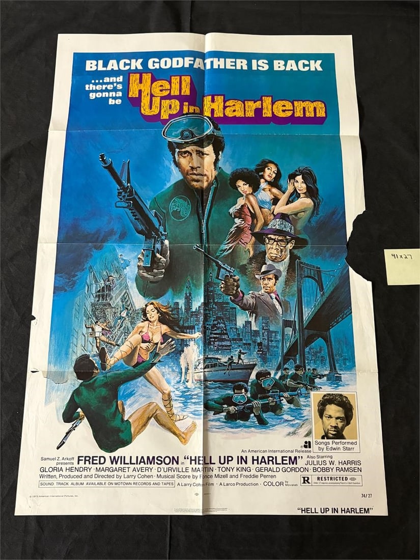 Hell Up In Harlem Original 1974 One Sheet: Original 1974 One sheet Movie Poster for Hell Up In Harlem. Starring Fred Williamson. Dimensions: 41x27. All items are sold as is. Please look at pictures carefully to determine what you believe are t