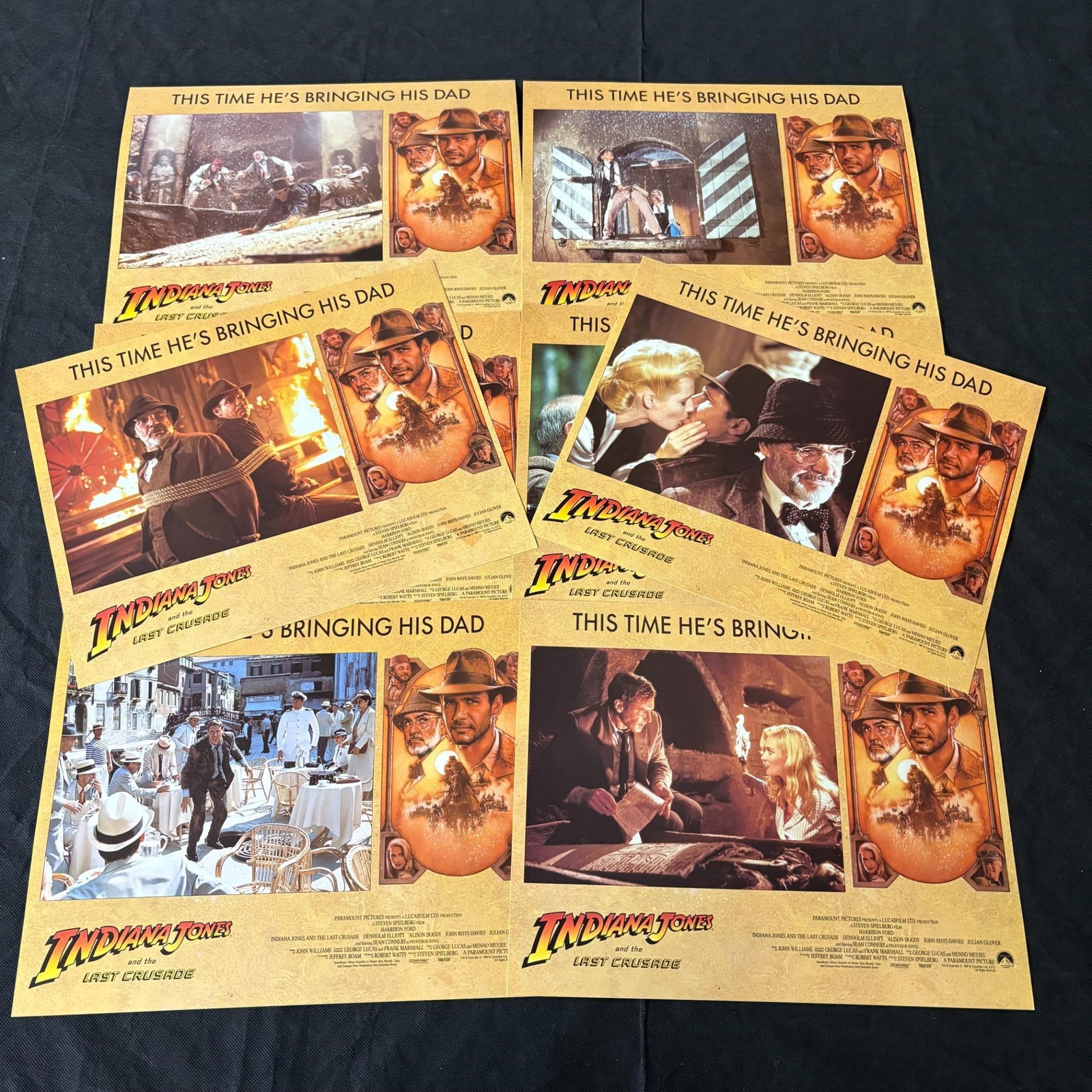 Indiana Jones Last Crusade Org Lobby Cards: Set of 8 Original 1989 Movie Lobby Cards for Indiana Jones and the Last Crusade. Starring Harrison Ford and Sean Connery. All items are sold as is. Please look at pictures carefully to determine what 
