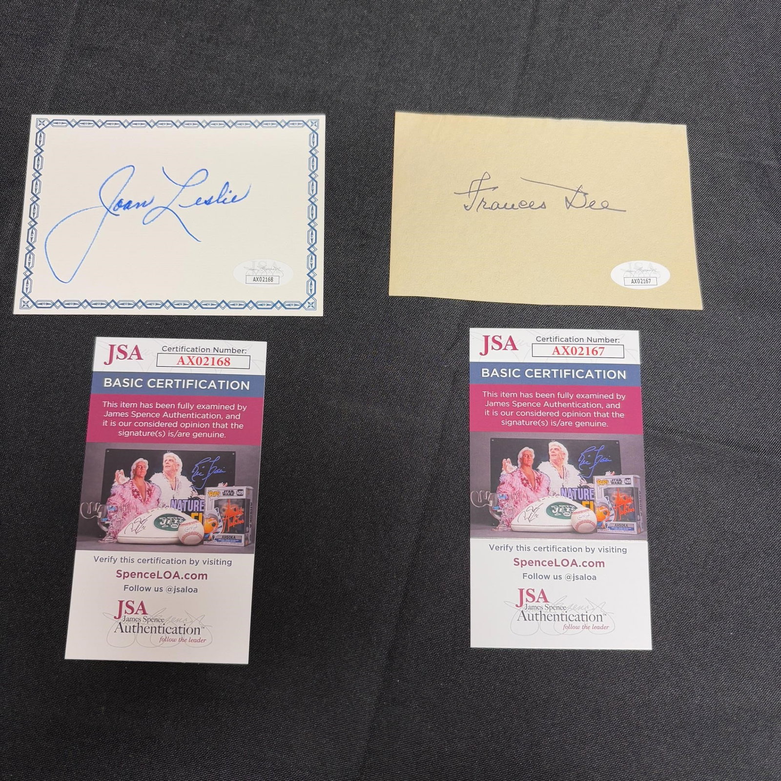 Joan Leslie, Frances Dee Signatures, JSA COA: All items are sold as is. Please look at pictures carefully to determine what you believe are the condition of each lot. By choosing which card to use to register to bid, you authorize us to use the c