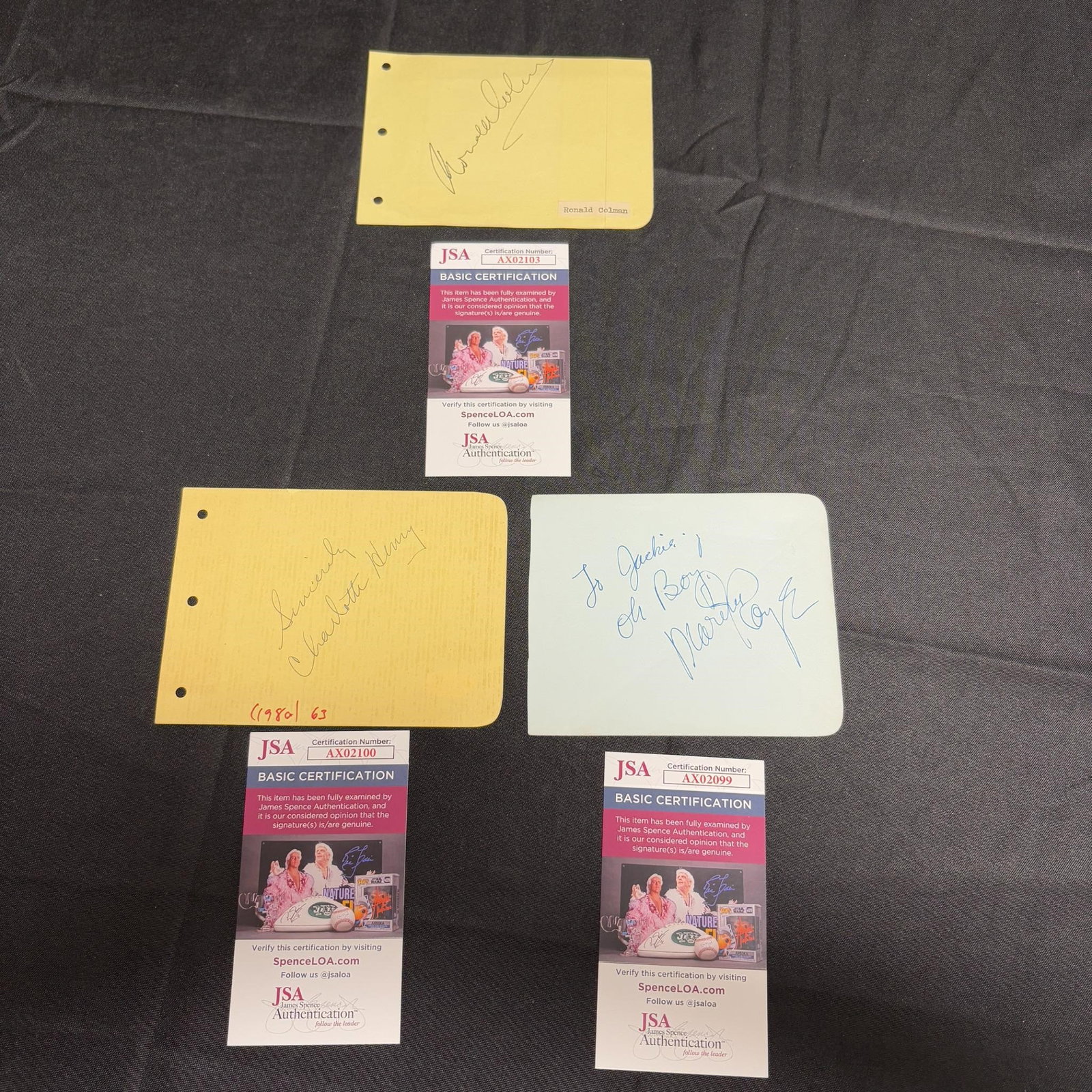 Ronald Coleman, Charolette Henry + Sig JSA COA: Signatures from Ronal Coleman, Charolette Henry, and Martha Raye. JSA COA. All items are sold as is. Please look at pictures carefully to determine what you believe are the condition of each lot. By c
