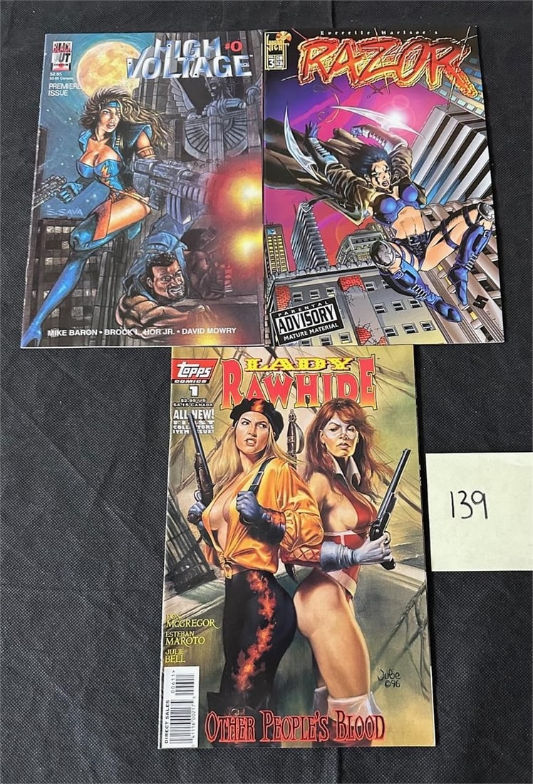 Lady Rawhide, Razor, & High Voltage Bad Girl Lot: All items are sold as is. Please look at pictures carefully to determine what you believe are the condition of each lot. By choosing which card to use to register to bid, you authorize us to use the c