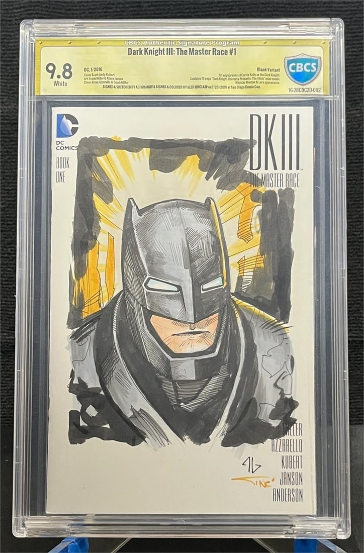 Dark Knight III Full Color by Grandv & Sinclair: 1st appearance key, Dark Knight Master Race III full page Batman sketch and signed by Ari Grandc and full color and signed by Alex Sinclair. Certified and graded a 9.8 by CBCS All items are sold as is