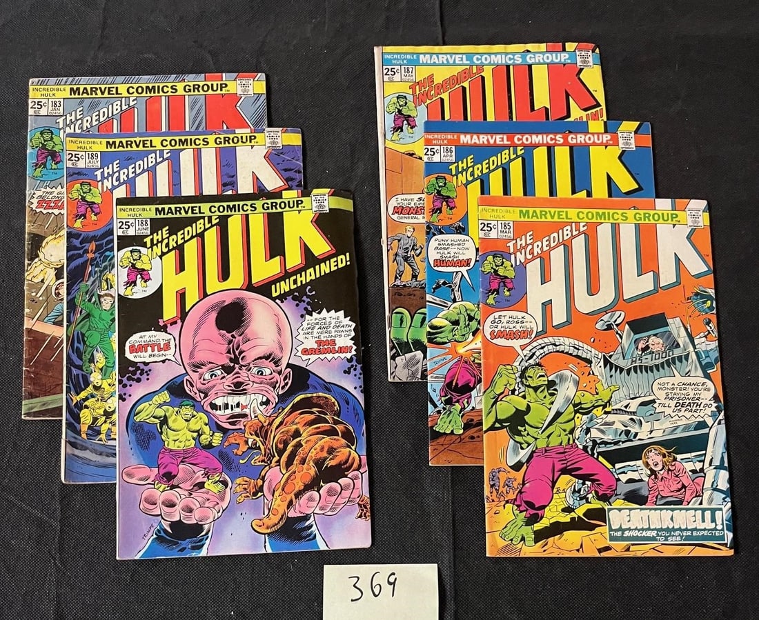 Hulk 183 & 185-189 Marvel Bronze Age Comic Books: All items are sold as is. Please look at pictures carefully to determine what you believe are the condition of each lot. By choosing which card to use to register to bid, you authorize us to use the c