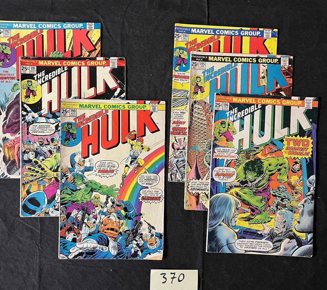 Hulk 190, 191, 192, 194, 195, 196 Bronze Age Hulk: All items are sold as is. Please look at pictures carefully to determine what you believe are the condition of each lot. By choosing which card to use to register to bid, you authorize us to use the c