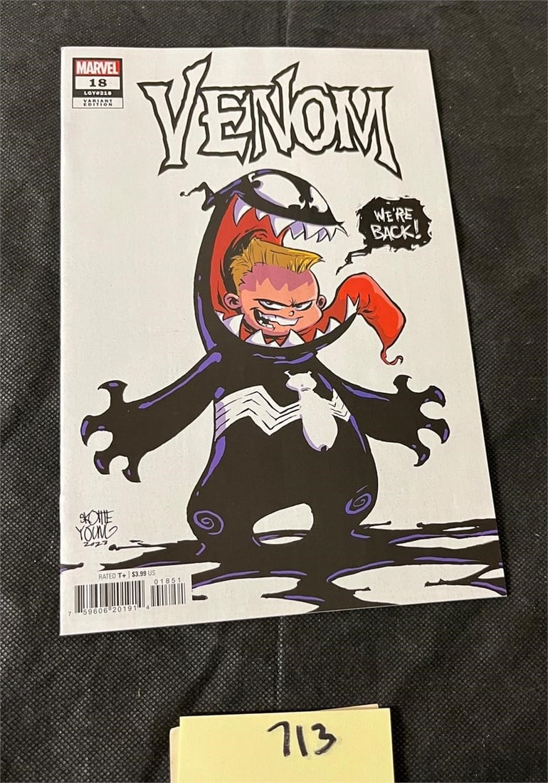 Venom 18 Skottie Young Variant Cover: All items are sold as is. Please look at pictures carefully to determine what you believe are the condition of each lot. By choosing which card to use to register to bid, you authorize us to use the c
