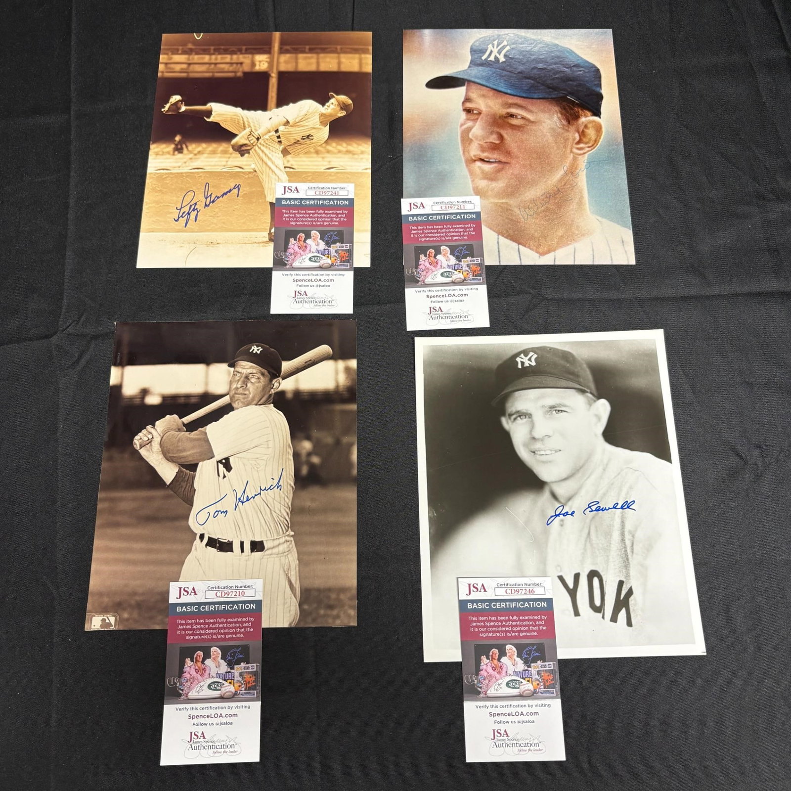 Hall of Fame Baseball Players Sig Photos + JSA COA: Photos Signed by Baseball Players Lefty Gomez (HOF), Whitey Ford (HOF), Tommy Henrich, Joe Sewell (HOF). JSA COAs. All items are sold as is. Please look at pictures carefully to determine what you bel