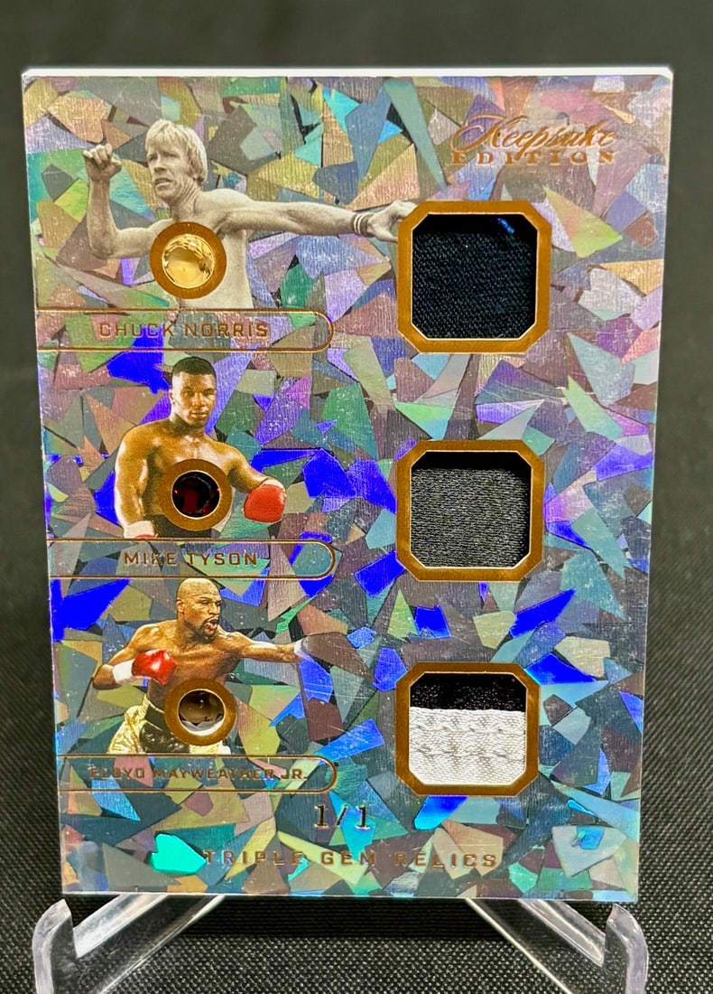 Chuck Norris, Mike Tyson, Floyd Mayweather 1/1 Trip Gem Relic Card (1 of 3)