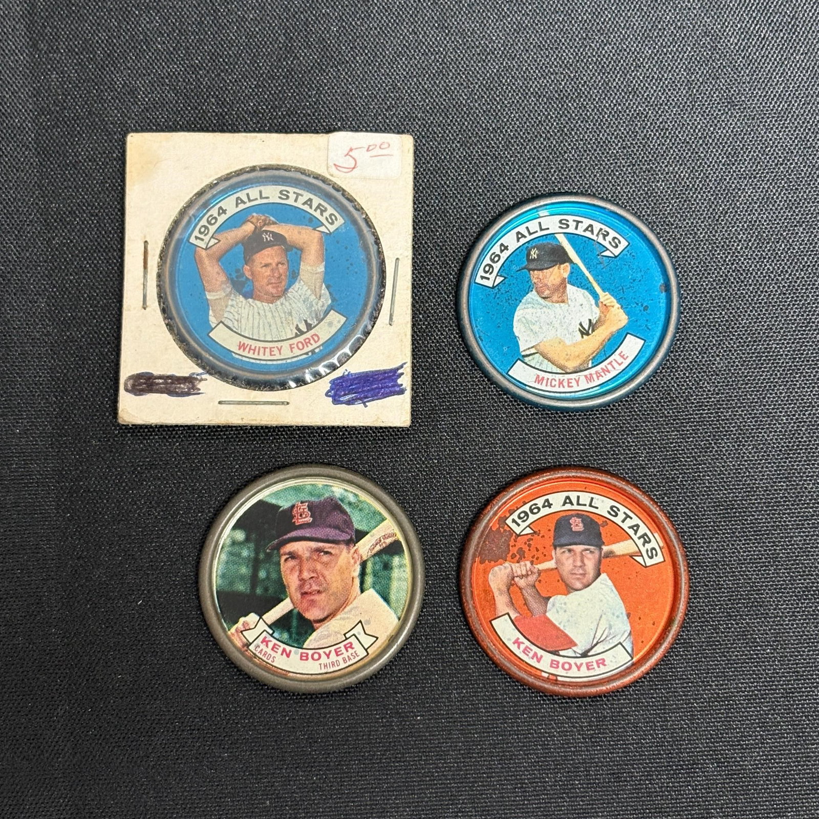 1964 Topps Coins, Mantle, Ford: 1964 Topps Baseball Coins. Mickey Mantle, Whitey Ford, Ken Boyer. All items are sold as is. Please look at pictures carefully to determine what you believe are the condition of each lot. By choosing w