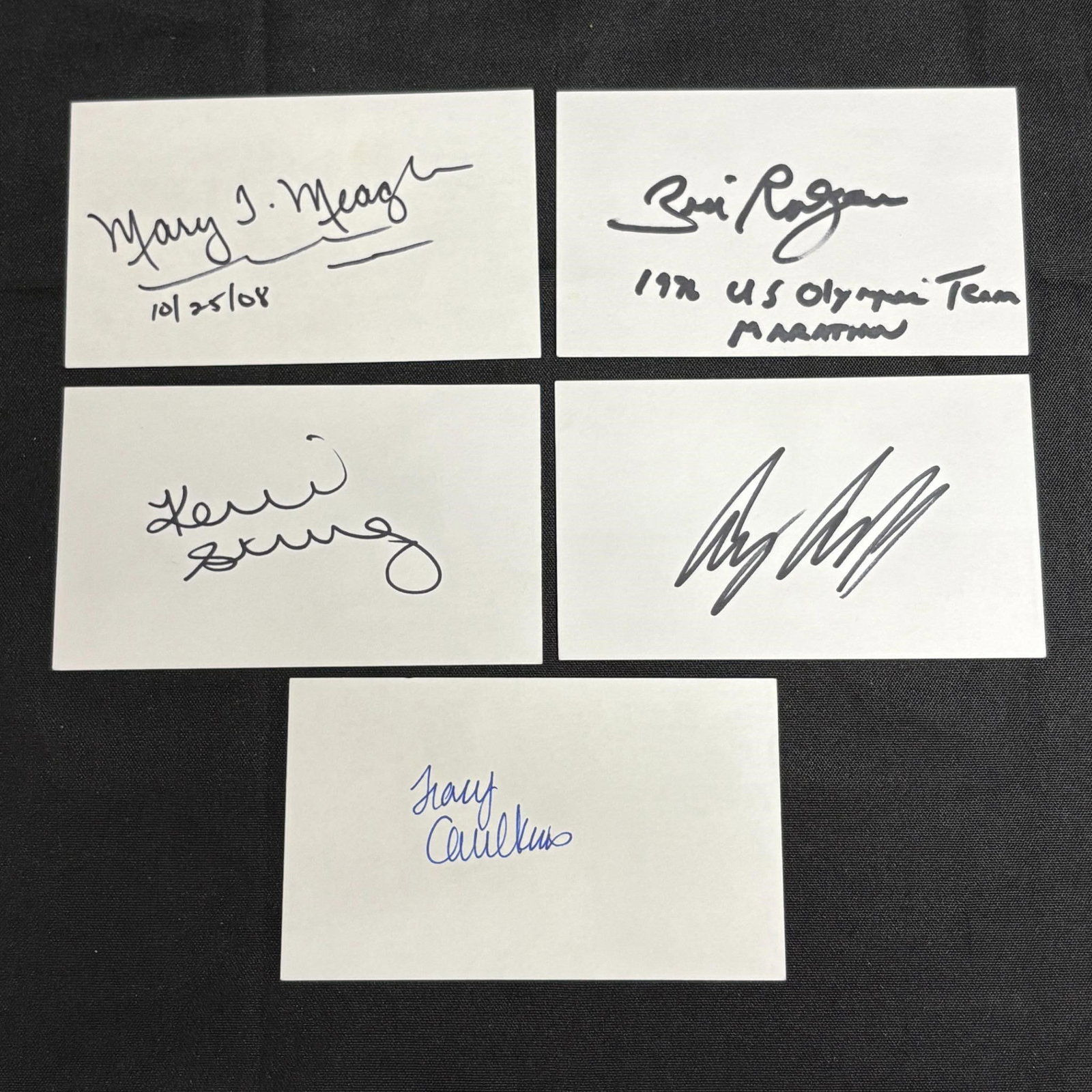 Olympian Autographs, Bill Rodgers +: Signatures from Olympic Marathon Runner and winner of the NYC Marathon 3 times Bill Rodgers, Olympic Swimmer Mary Meagher, Olympic Gold Gymnast Kerri Strua. Amy Acuff, and Swimmer Tracy Cauckins. All 