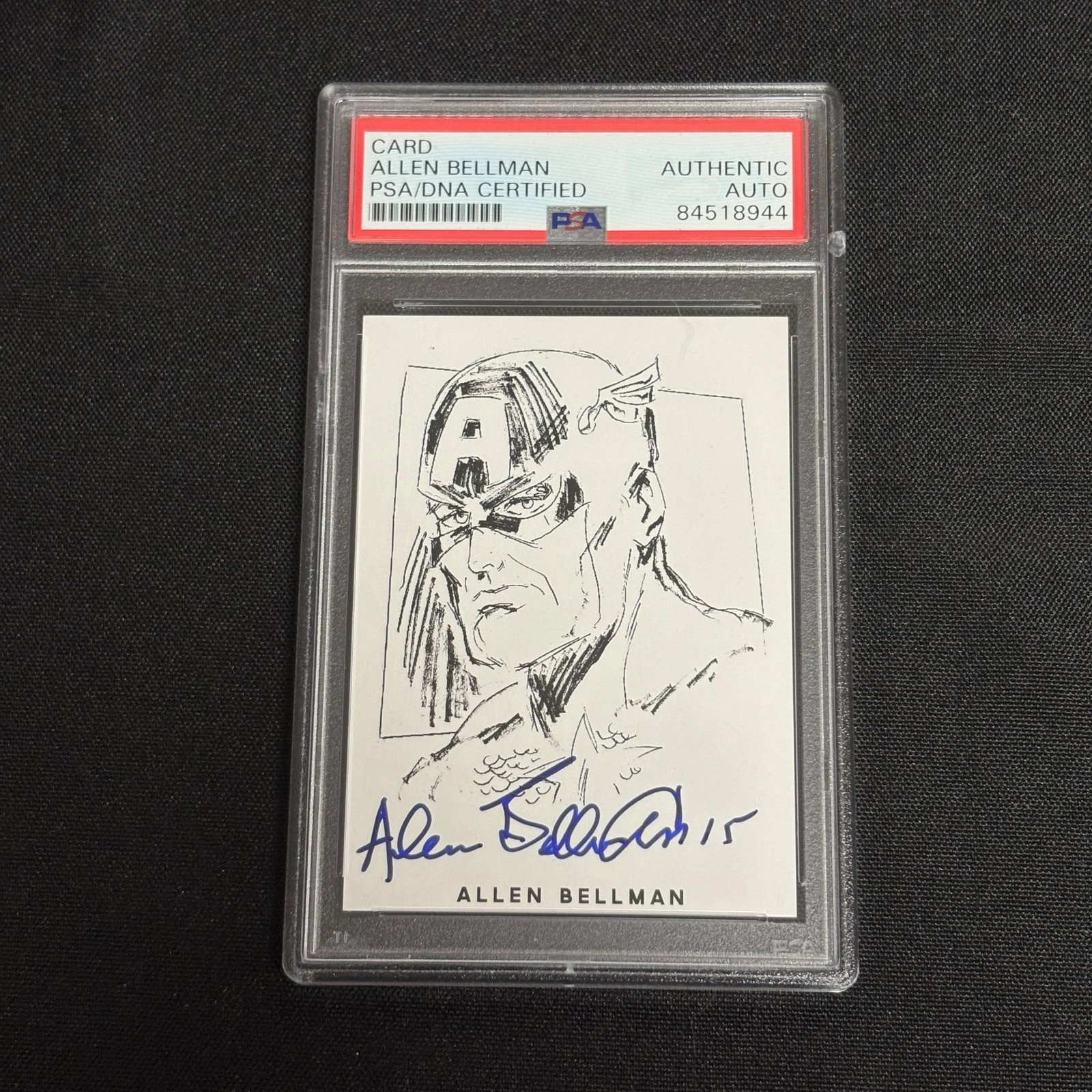 PSA/DNA Allen Bellman CPT America Sig Sketch: PSA/DNA Certified Autograph and sketch card by Allen Bellman of Captain America. All items are sold as is. Please look at pictures carefully to determine what you believe are the condition of each lot