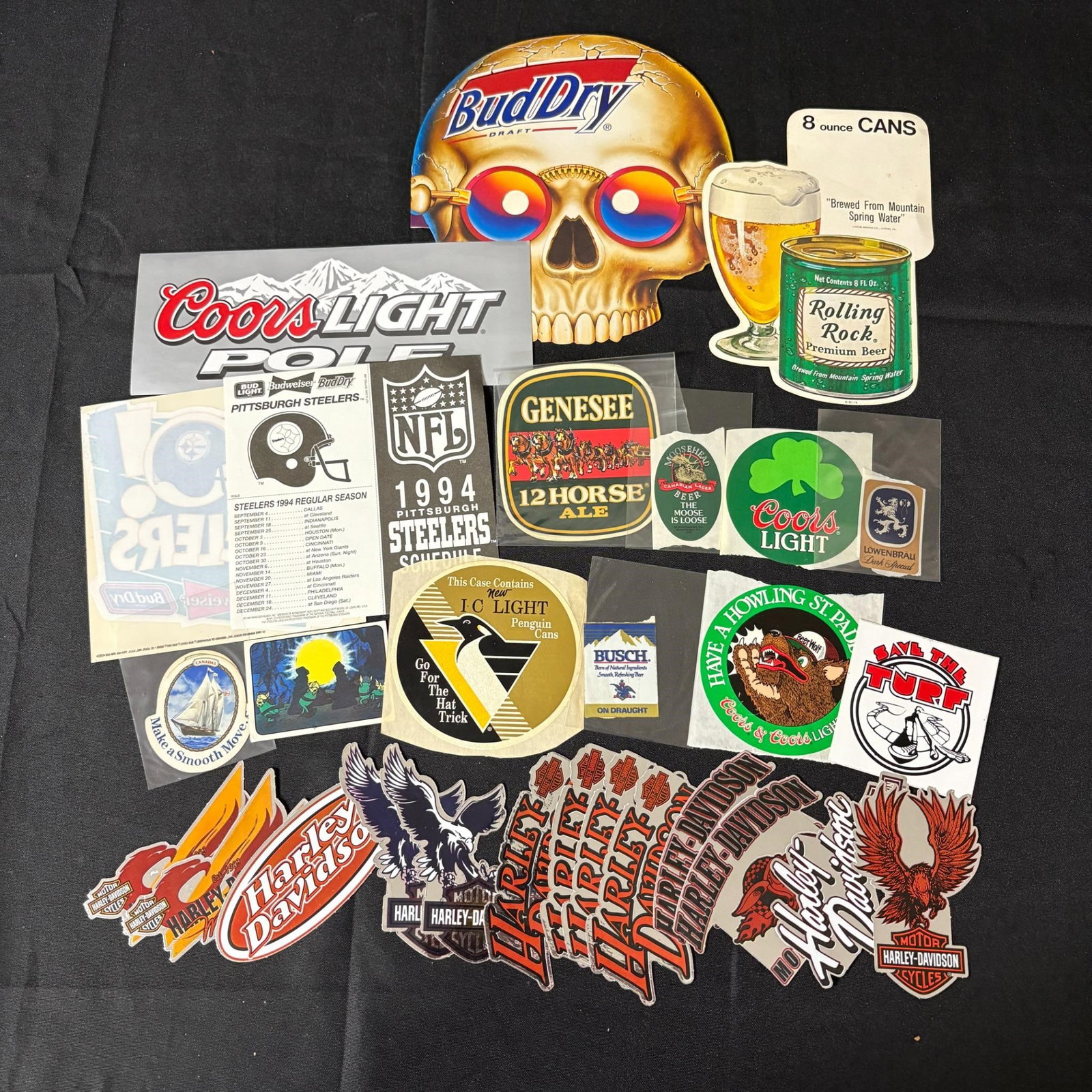 Vintage Beer Stickers, Harley Davidson Stickers +: All items are sold as is. Please look at pictures carefully to determine what you believe are the condition of each lot. By choosing which card to use to register to bid, you authorize us to use the c