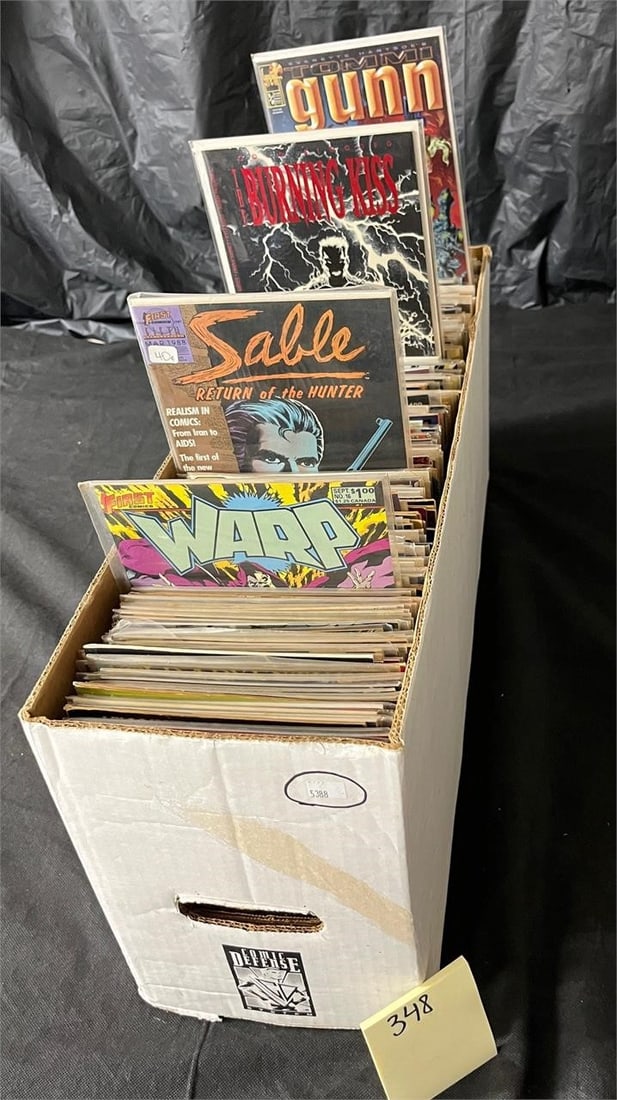 Long Box of First Comics & 80's Indy Comicw: We offer in person or virtual previews of auction lots up until the day before the auction. All items are sold as is. Please look at pictures carefully to determine what you believe are the condition 