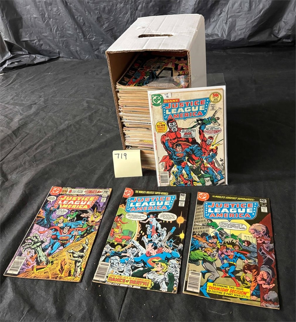 Near Full Short Box of Bronze Age Justice League: We offer in person or virtual previews of auction lots up until the day before the auction. All items are sold as is. Please look at pictures carefully to determine what you believe are the condition 