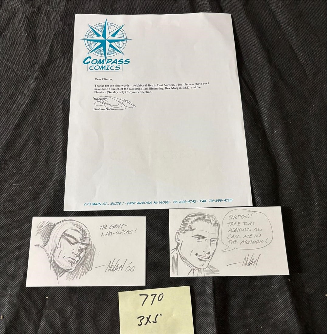 Graham Nolan Signed Letter & 3X5 Sketches: Delve into the personal side of comic artists with this exceptional Graham Nolan offering. A letter signed with sketches and mailed to a fan. We offer in person or virtual previews of auction lots up 