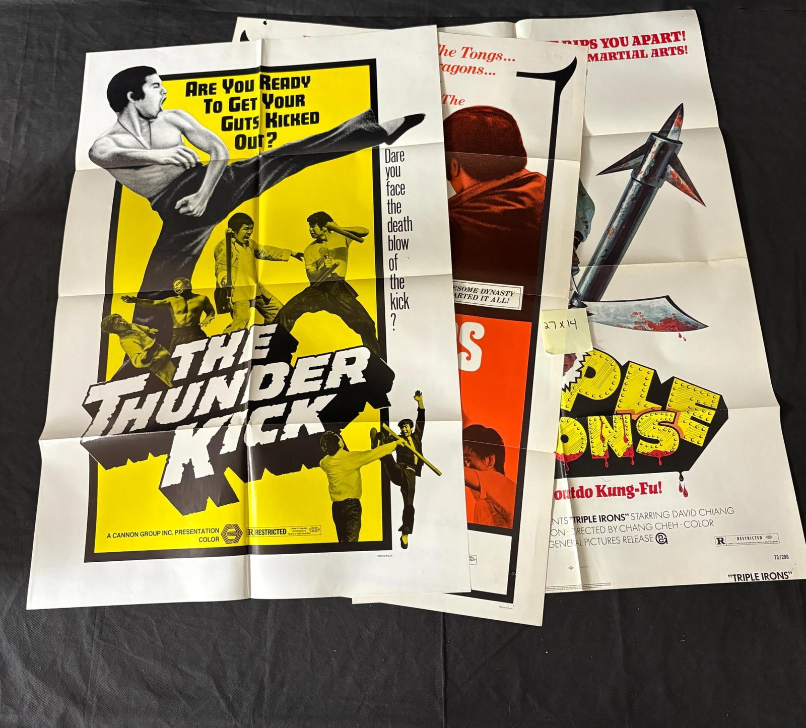 Original Vintage Kung-Fu Movie Posters: The Thunder Kick, The Godfathers of Hong Kong, Triple Irons Original One Sheet Movie Posters. Dimensions: 41x27 All items are sold as is. Please look at pictures carefully to determine what you believ