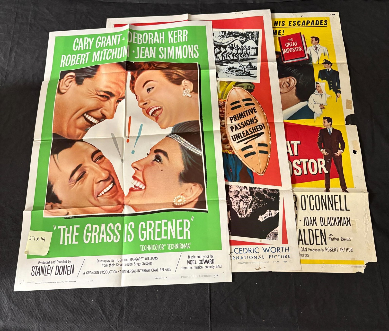 1960s, and 50s Original One Sheet Posters: Includes Grass is Greener (Cary Grant, Deborah Kerr), Naked Africa, The Great Imposter (Tony Curtis) Original One Sheet Movie Posters. Dimensions: 41x27 All items are sold as is. Please look at pictur