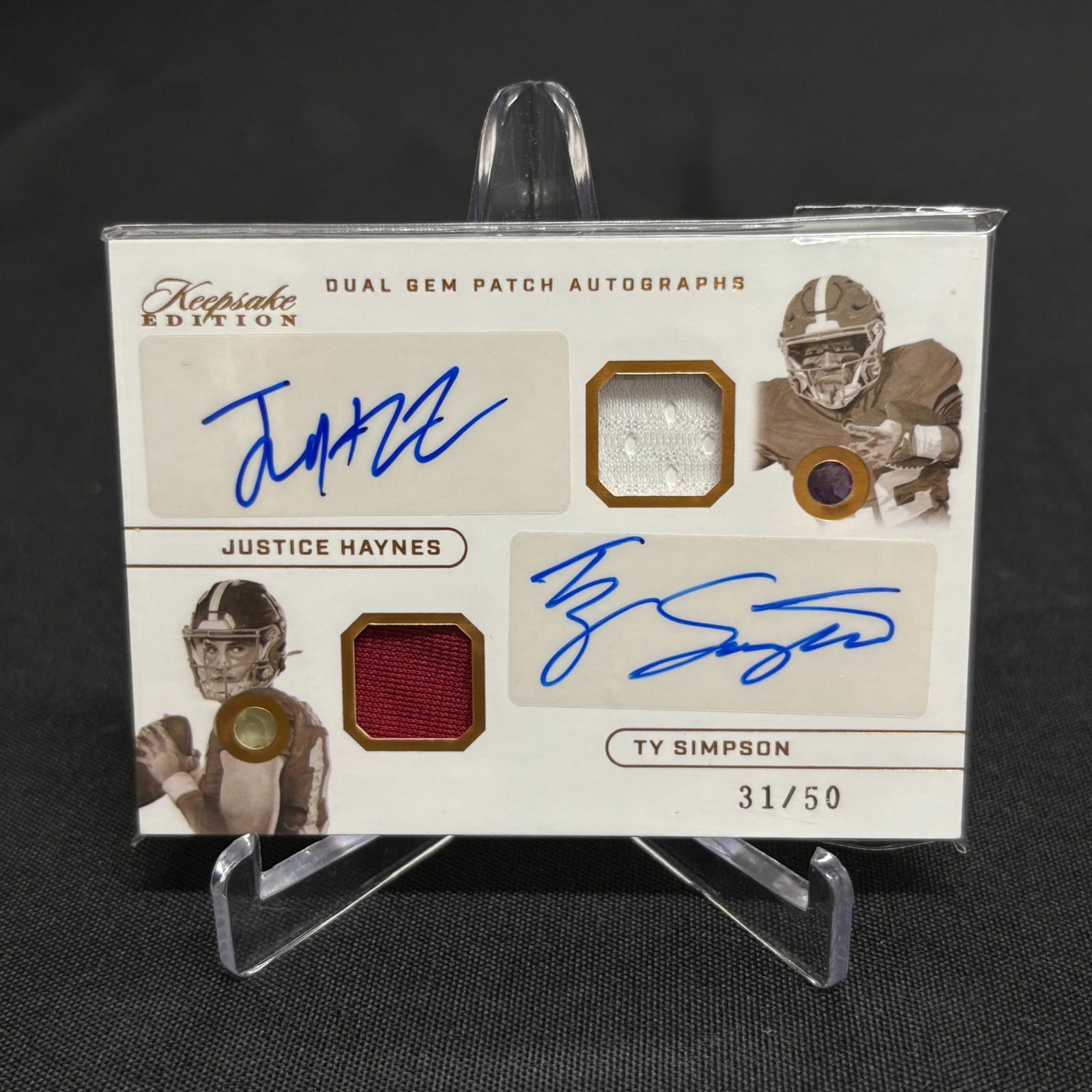 Justice Hayes, Ty Simpson Dual Gem Patch Auto /50 (1 of 2)