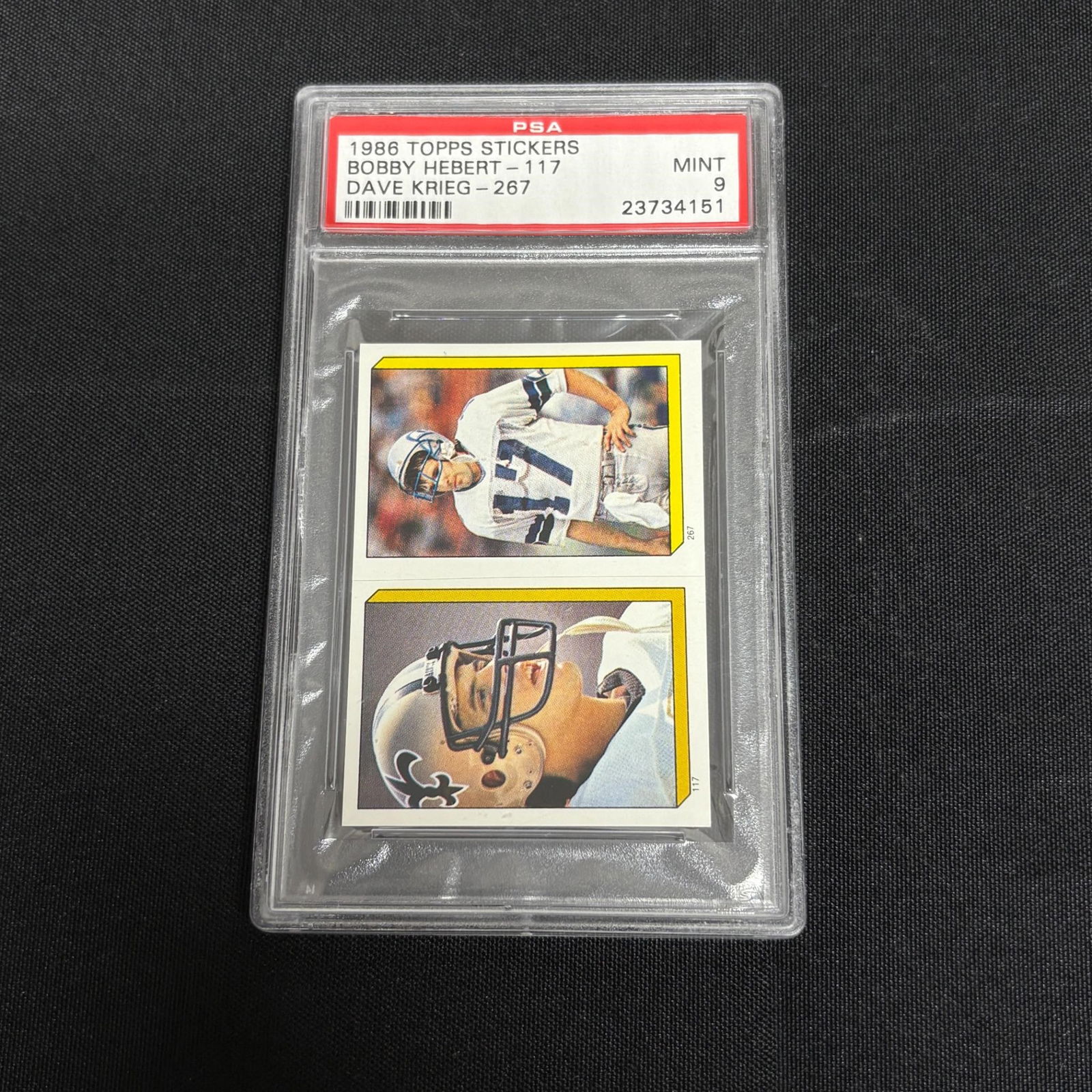 PSA 9 Bobby Herbet Dave Krieg 1986 Topps Stickers: PSA 9 Bobby Hebert - 117, Dave Krieg - 267 1986 Topps Sticker Football Card. All items are sold as is. Please look at pictures carefully to determine what you believe are the condition of each lot. By