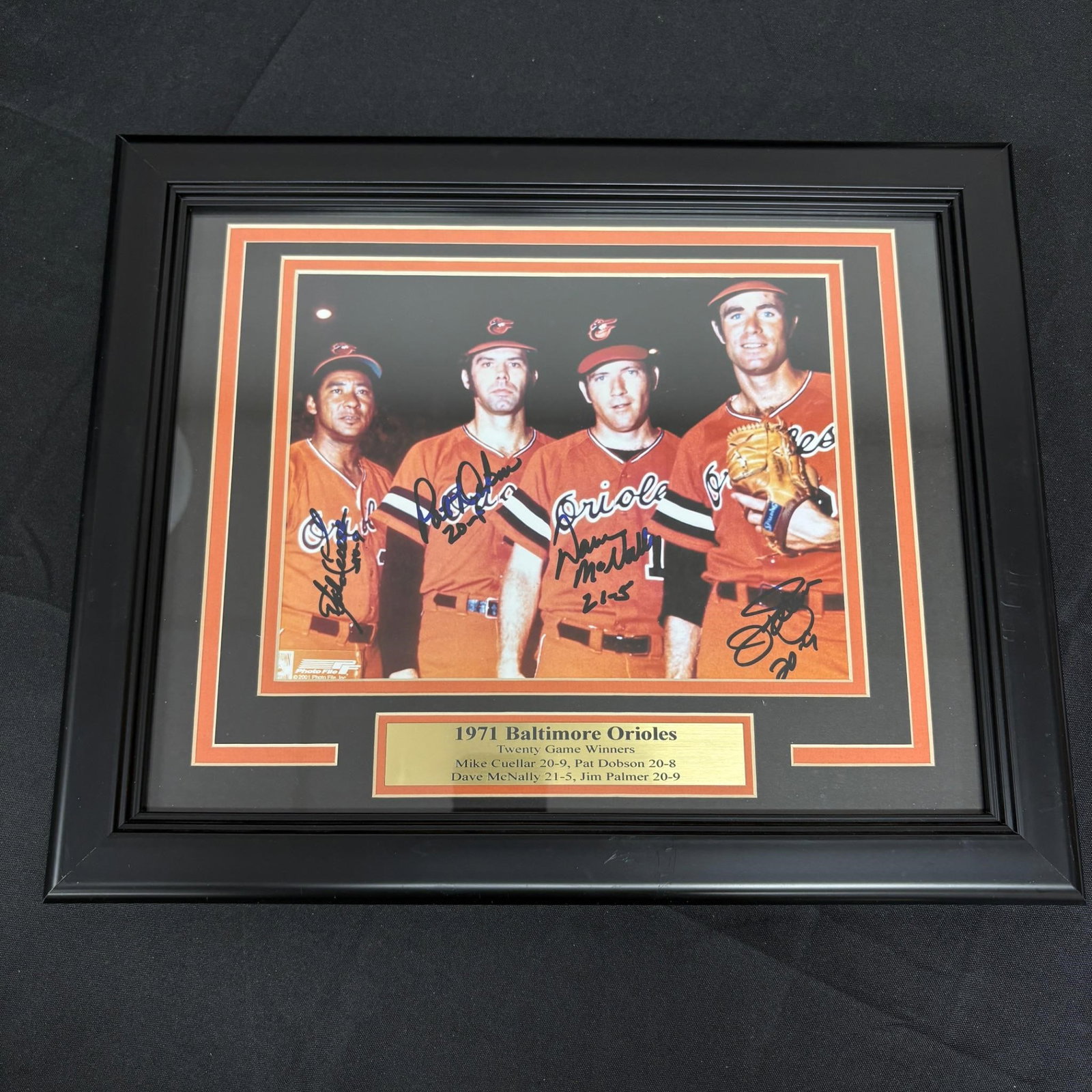 1971 Baltimore Orioles 20 Game Winners Sig Photo: Signatures from Mike Cuellar, Pat Dobson, Dave McNally, and Jim Palmer. All items are sold as is. Please look at pictures carefully to determine what you believe are the condition of each lot. By choo