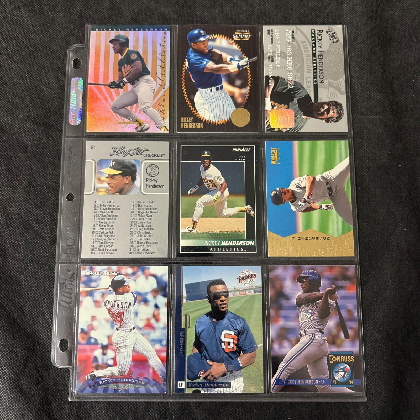 SHEET OF 9 HOF RICKEY HENDERSON CARDS (1 of 2)