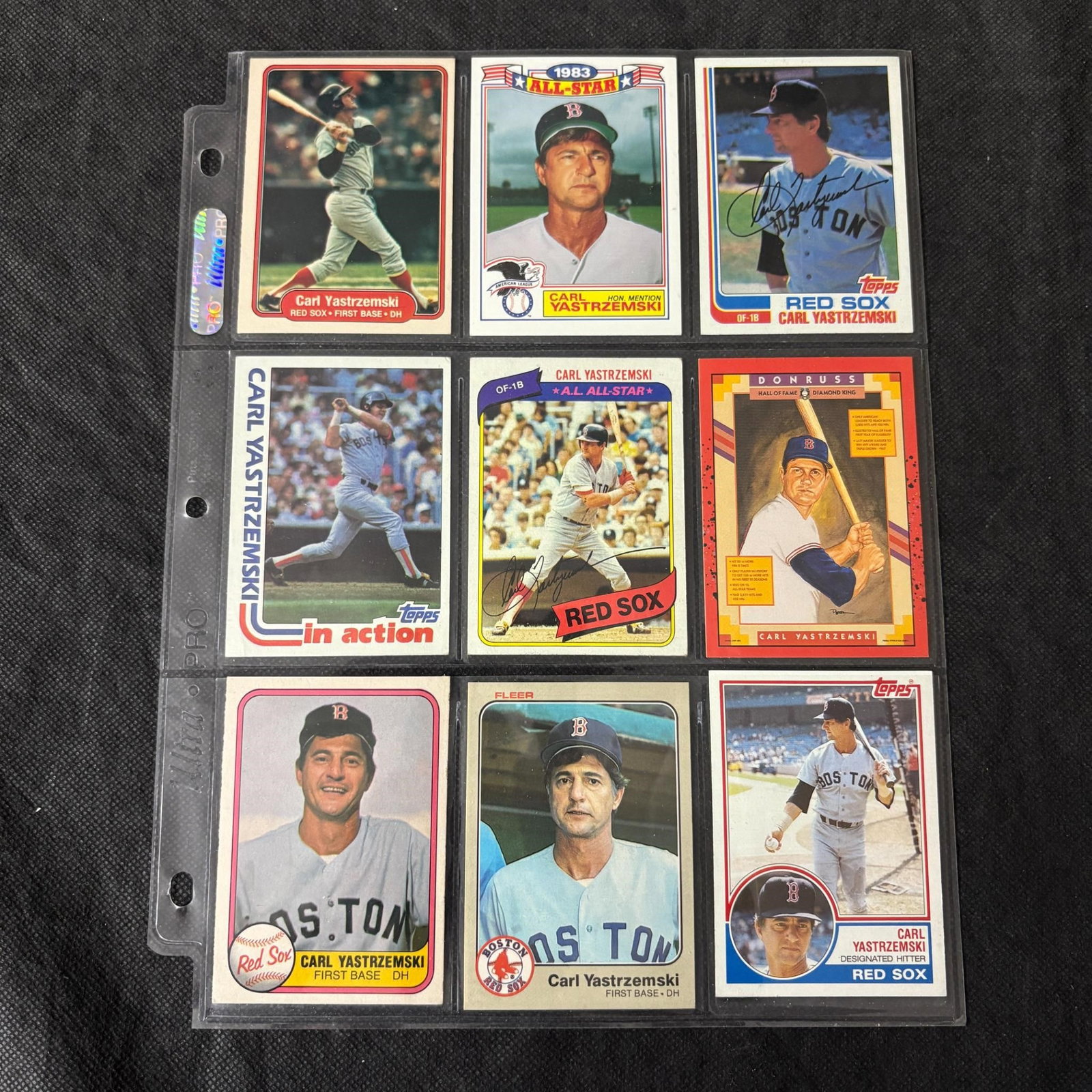 SHEET OF 9 HOF CARL YASTRZEMSKI CARDS: All items are sold as is. Please look at pictures carefully to determine what you believe are the condition of each lot. By choosing which card to use to register to bid, you authorize us to use the c