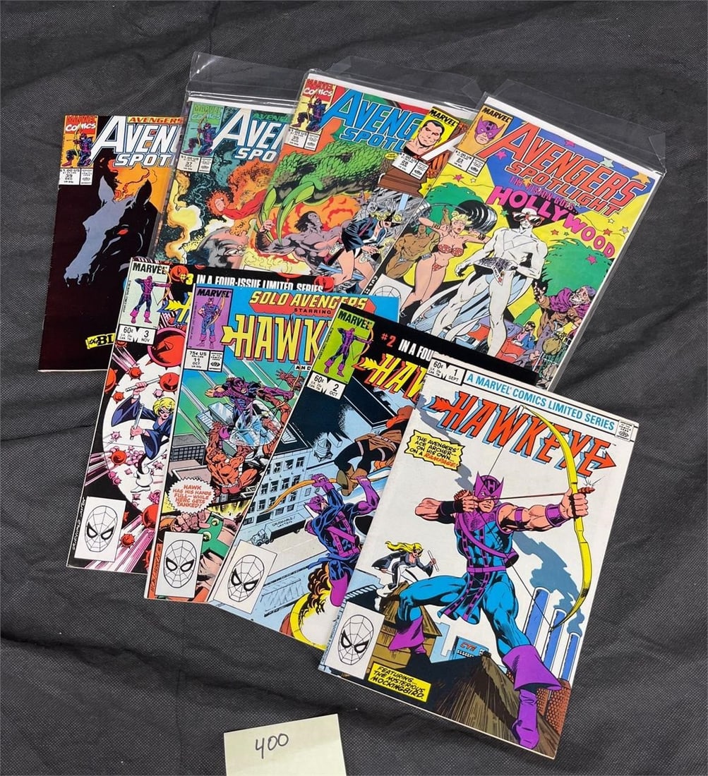 Avengers Spotlight feat. Hawkeye + Comic Books: Please look at pictures carefully to determine what you believe are the condition of each lot. We offer in person or virtual previews and we can take additional pictures, or answer questions about any