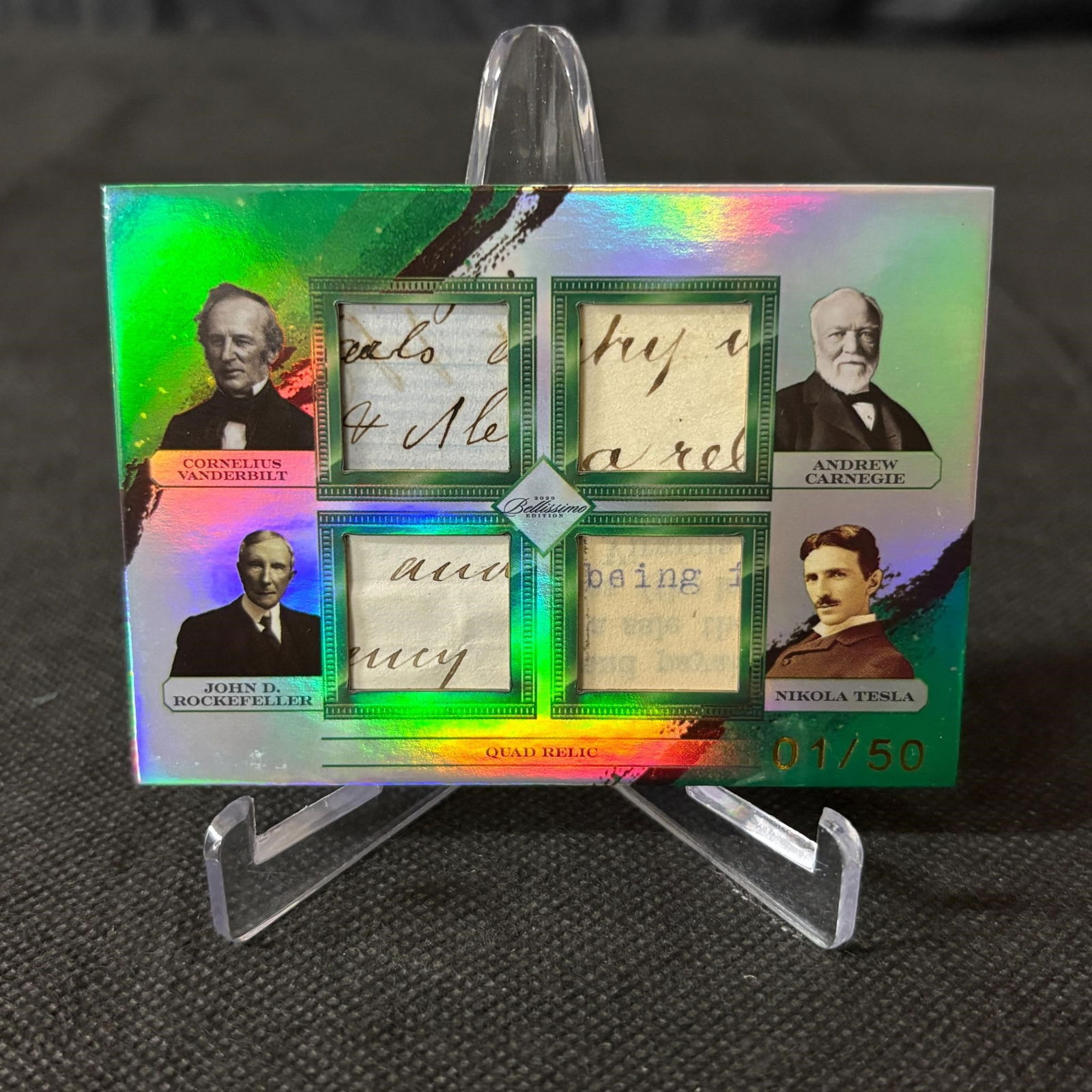 Tesla, Rockefeller + Quad Relic Card #/50, Writing (1 of 2)