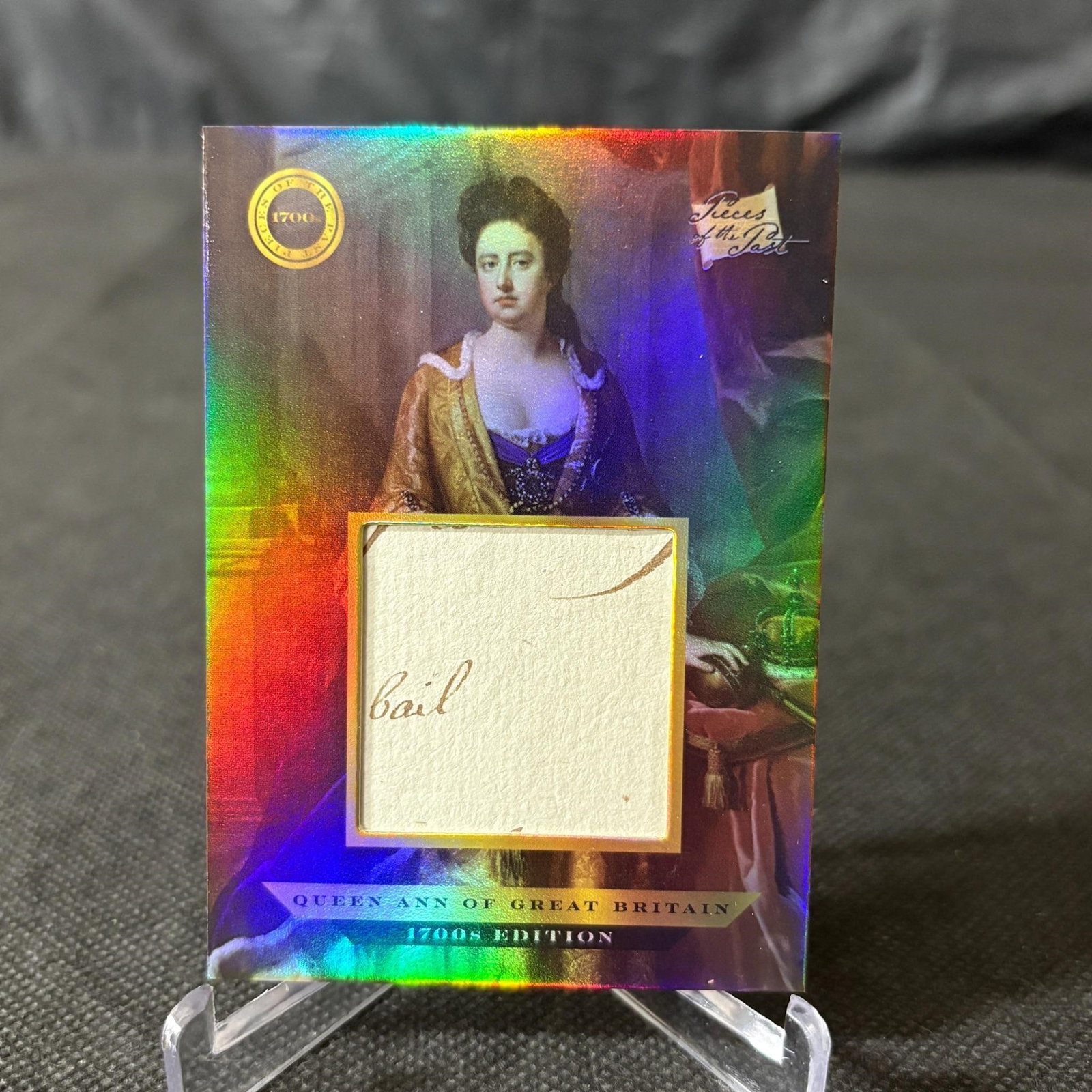 Queen Ann of Great Britain Relic Card, Writing: Pieces of the Past 1700s Edition Queen Ann of Great Britain Relic Card. Featuring Writing. We offer in person or virtual previews of auction lots up until the day before the auction. All items are sol